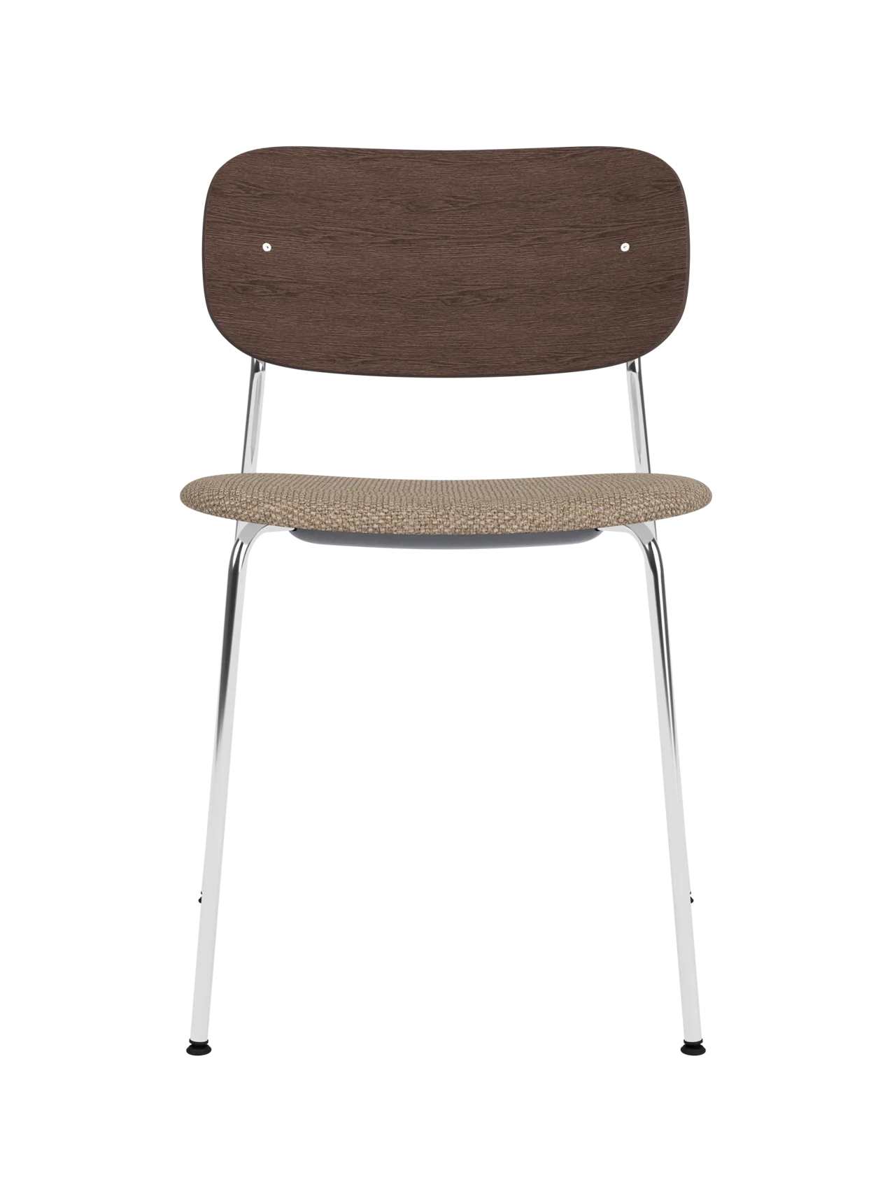 Co Dining Chair featuring a chrome frame, dark stained oak backrest and Logan Flint upholstered seat.