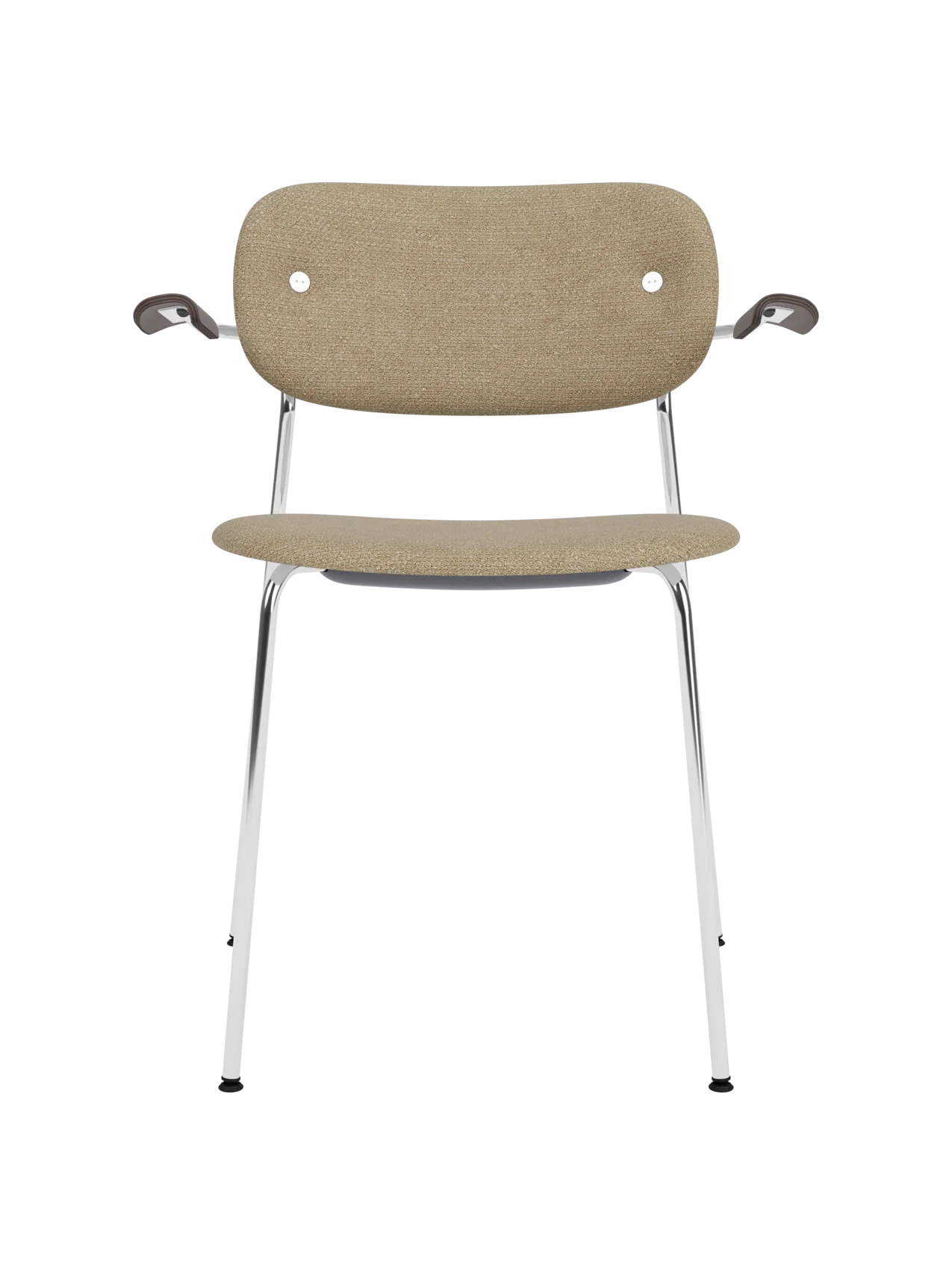 Co Dining Chair in beige Audo Bouclé 02 upholstery with dark stained oak armrests and a sleek chrome frame.