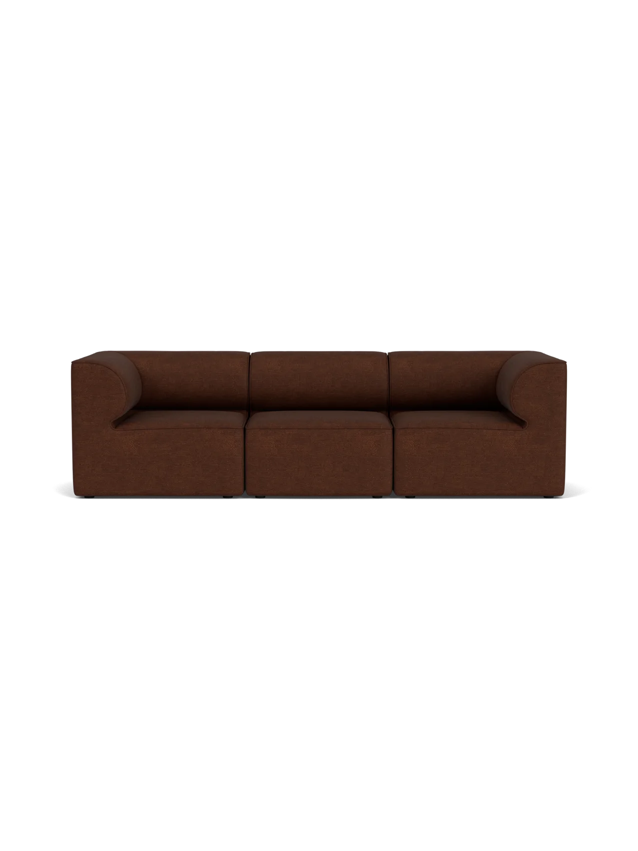 Front view of the Eave Modular Sofa, 86, 3 Seater, in a warm brown Audo Bouclé 08 fabric against a black background.