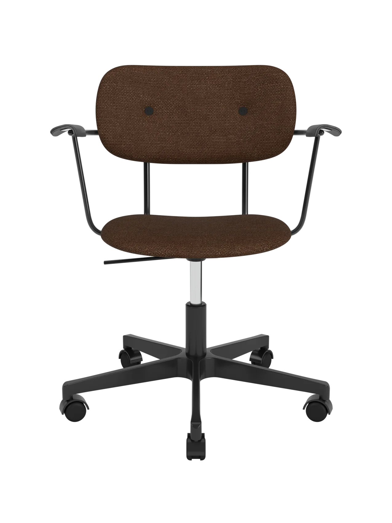 Co Task Chair in brown Audo Bouclé 07 with black painted oak armrests and a height-adjustable swivel base.