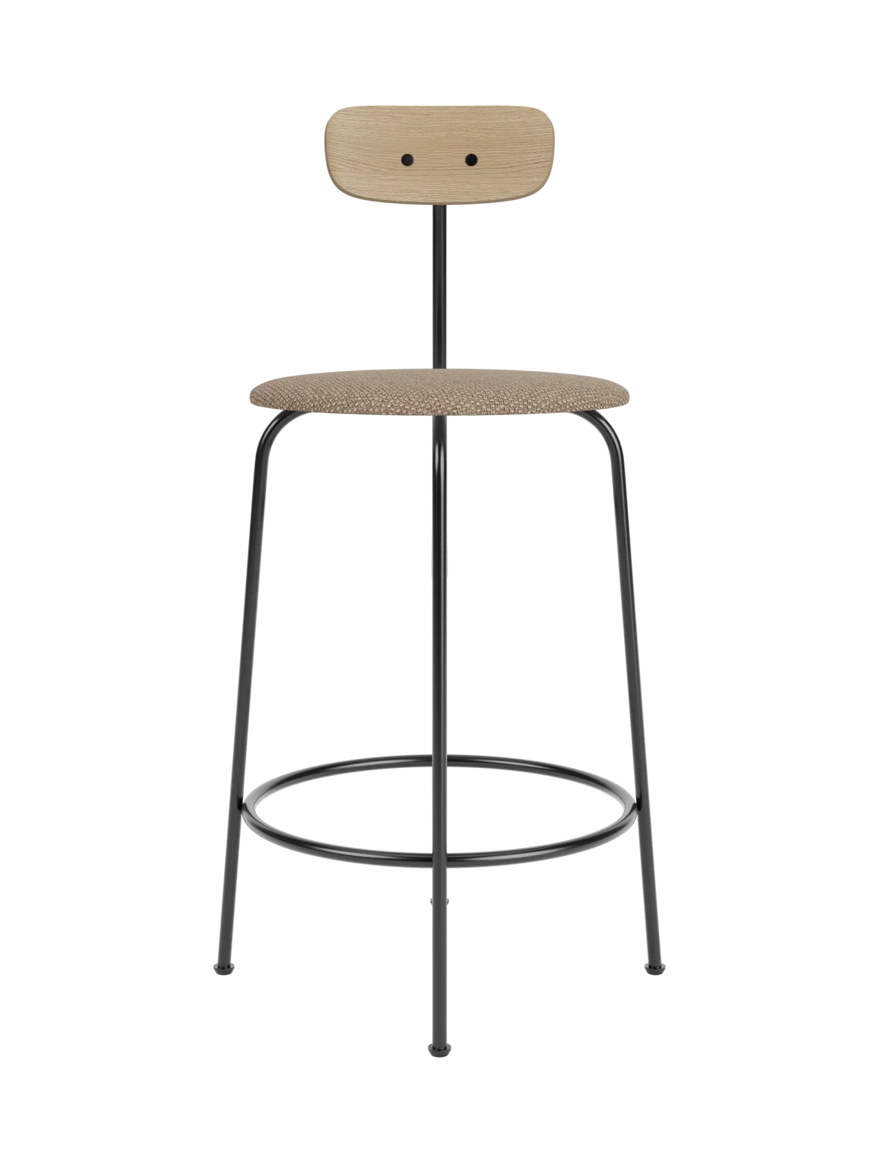 Afteroom Counter Chair with a Logan Flint upholstered seat, natural oak backrest and a minimalist black steel frame.