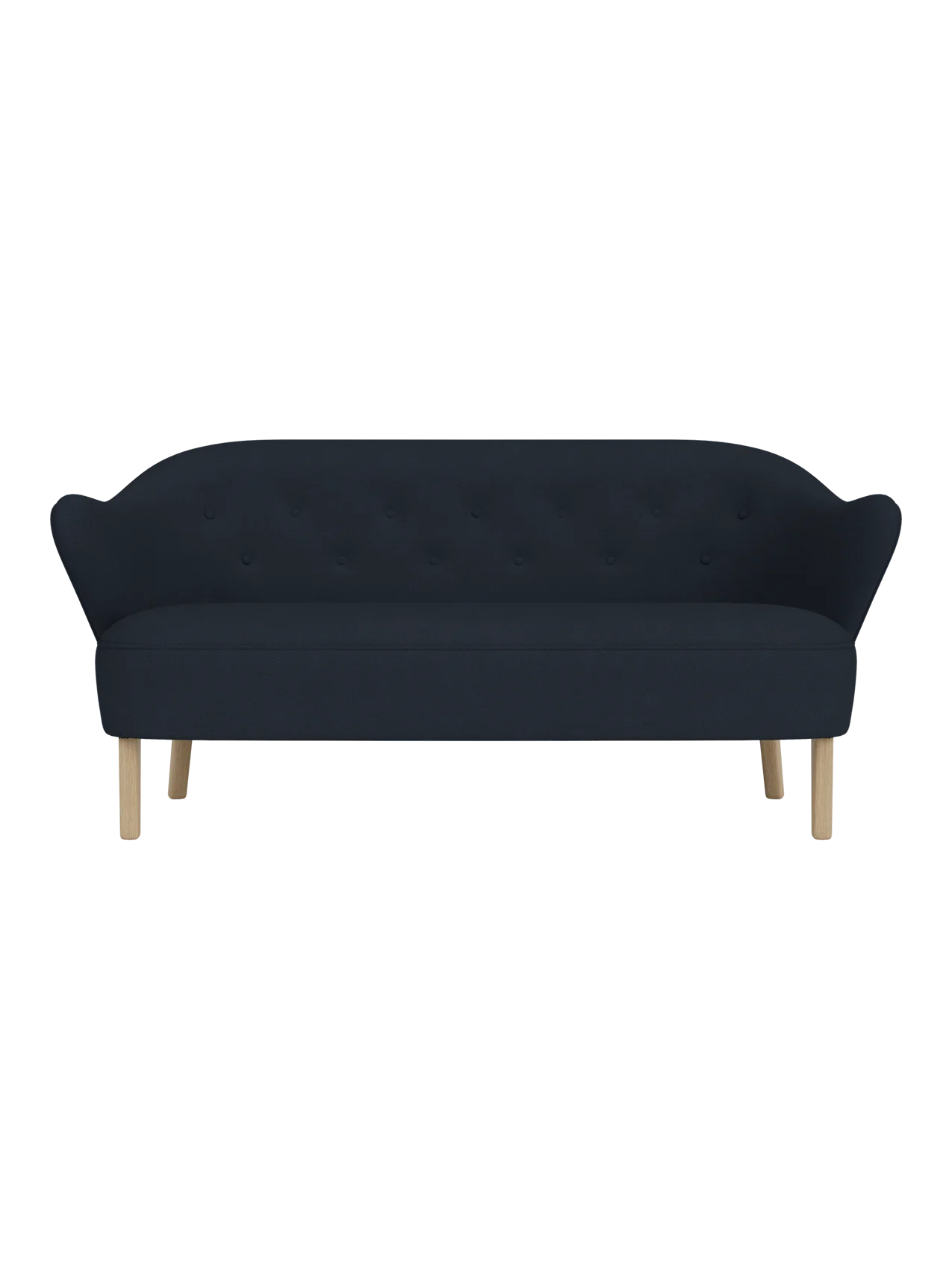 A front-on view of the Ingeborg Sofa. It features dark blue button-tufted upholstery, curved armrests, and natural oak legs.