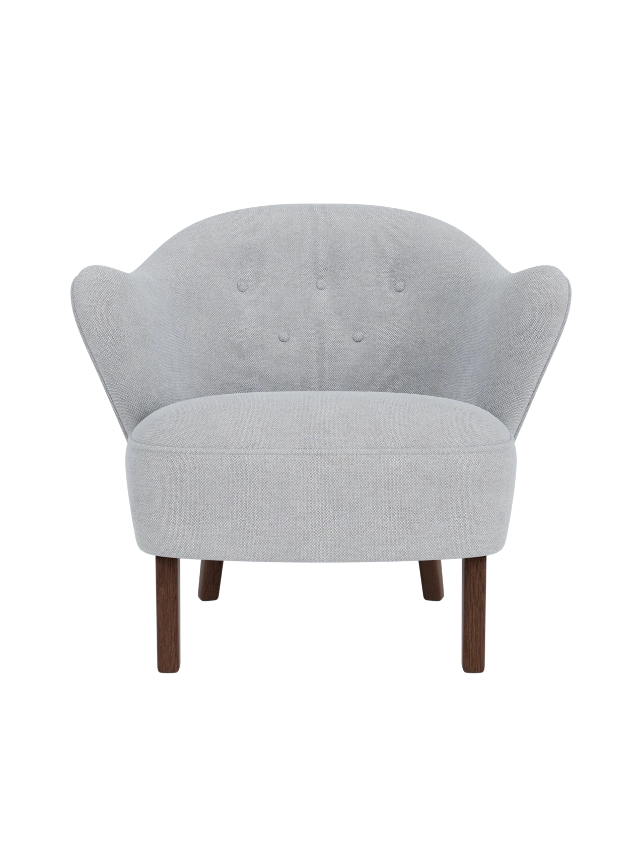 Front view of the Ingeborg Lounge Chair in a light grey fabric with four tufted buttons and dark stained oak legs.