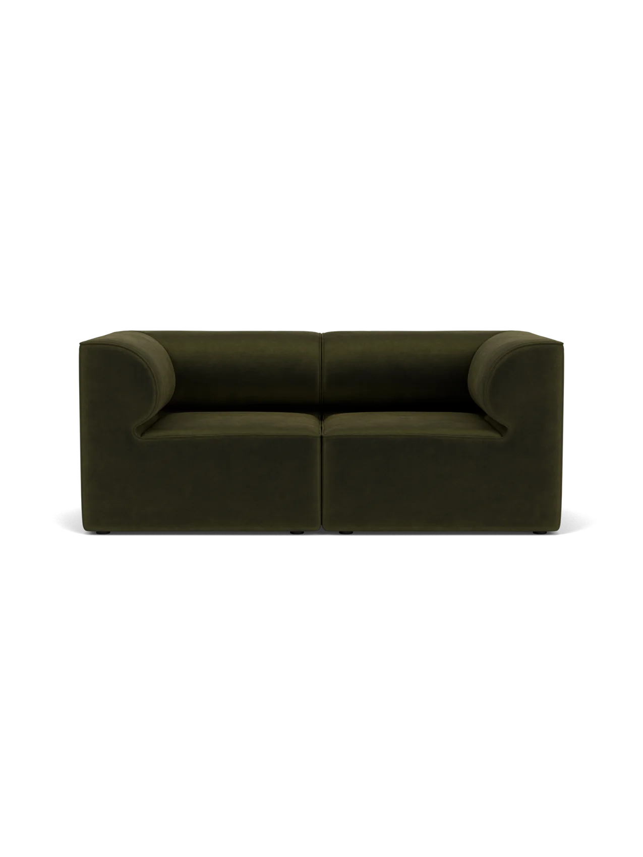 Front-facing Eave Modular Sofa, 86, 2 Seater, in dark olive green Champion 035 fabric against a black backdrop.