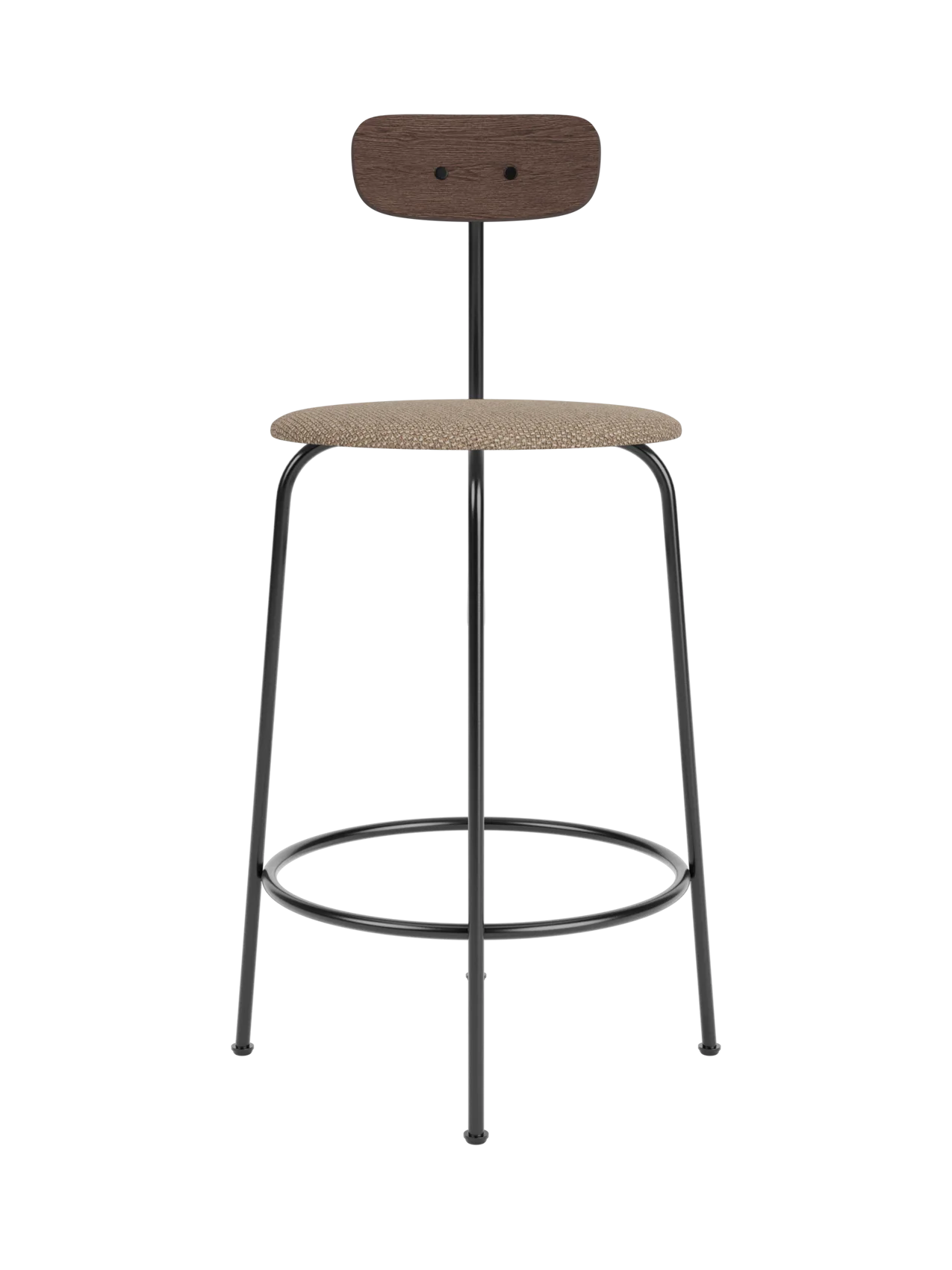 Afteroom Counter Chair with dark stained oak backrest, Logan Flint upholstered seat and slim black steel frame.