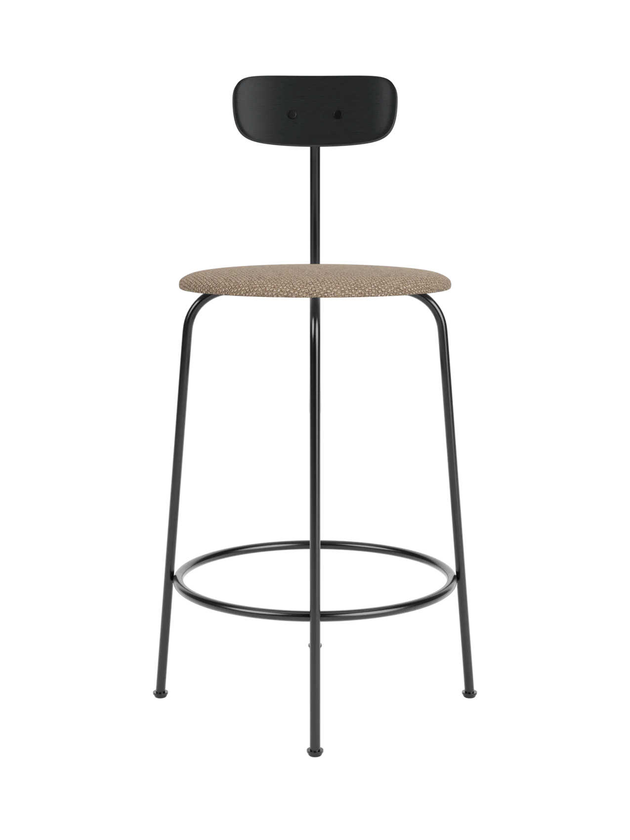 Afteroom Counter Chair featuring a Logan Flint upholstered seat and black painted oak backrest on a slim black steel frame.