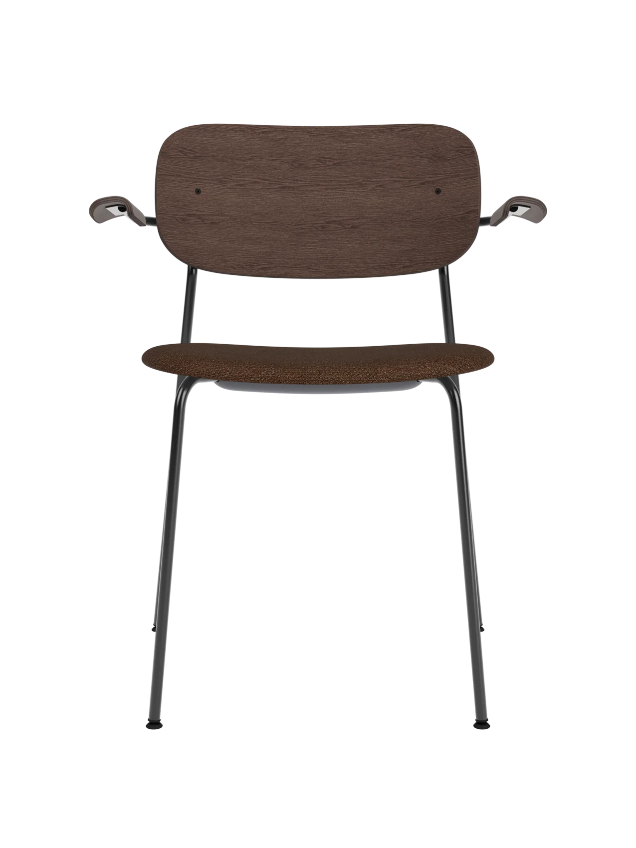 Co Dining Chair with armrests, featuring a dark stained oak back and brown bouclé upholstered seat on a black steel frame.