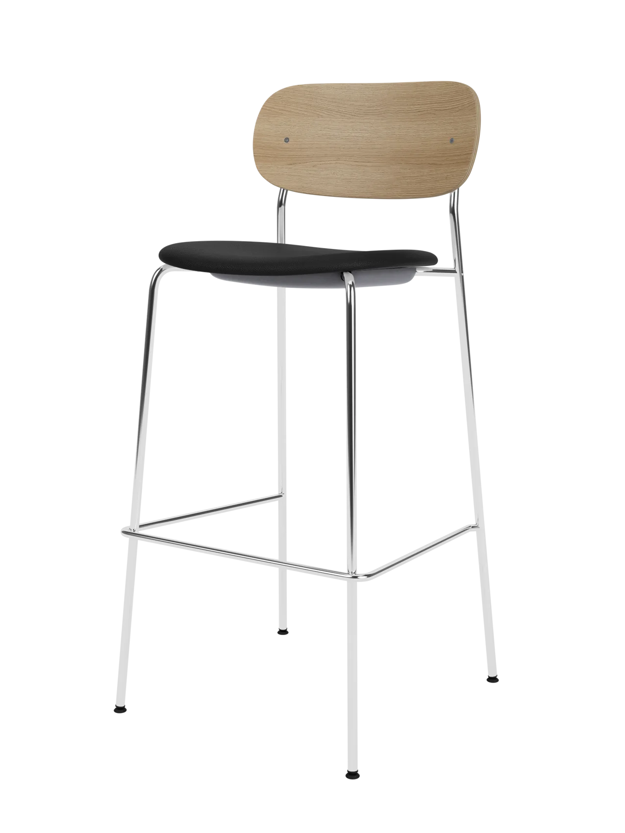Co Bar Chair with a sleek chrome frame, natural oak wood backrest, and black leather upholstered seat.