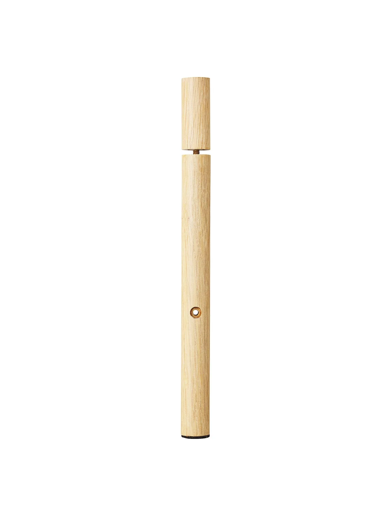 A natural oak Pole for the Tail Wing Hanger, showing the brass-lined fixture hole, adjustable screw top, and black base cap.