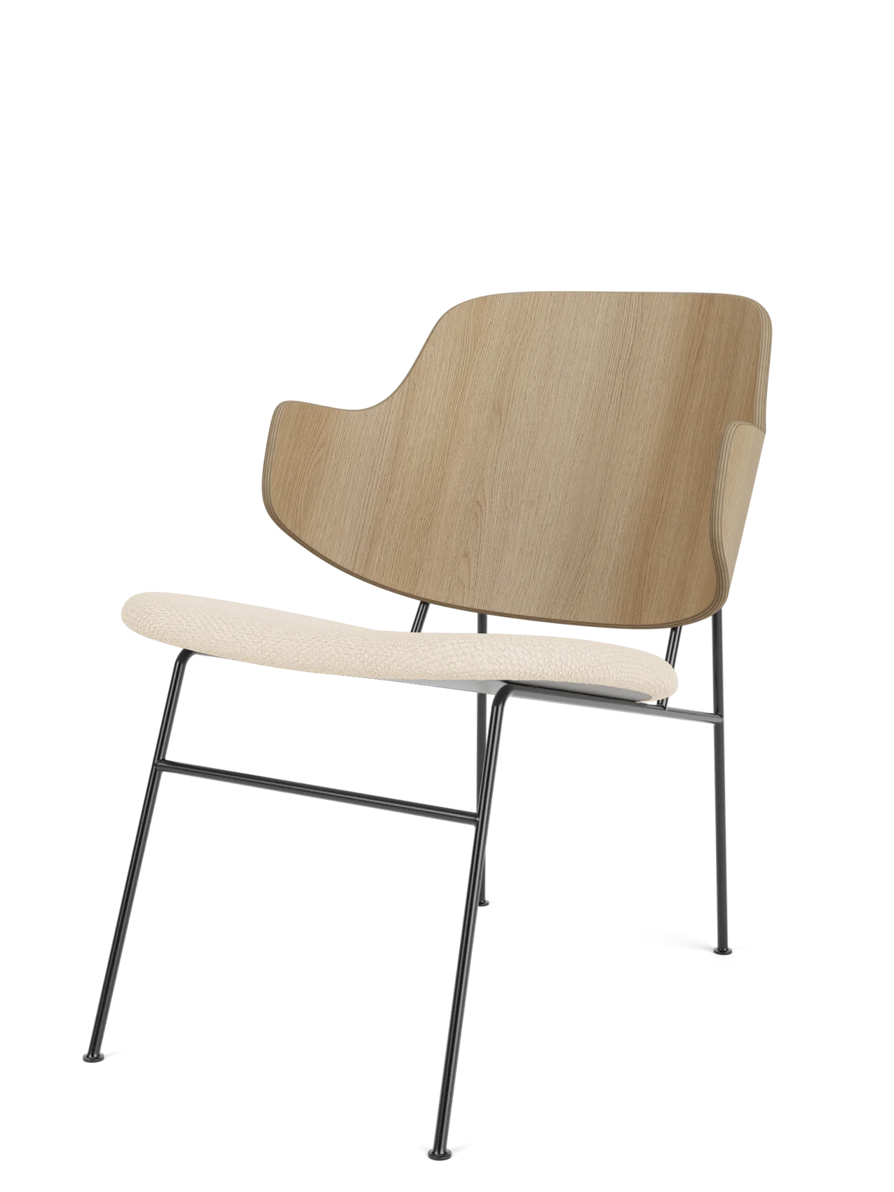 The Penguin Lounge Chair with a curved natural oak backrest, Logan Jasmine fabric seat, and thin black metal frame.