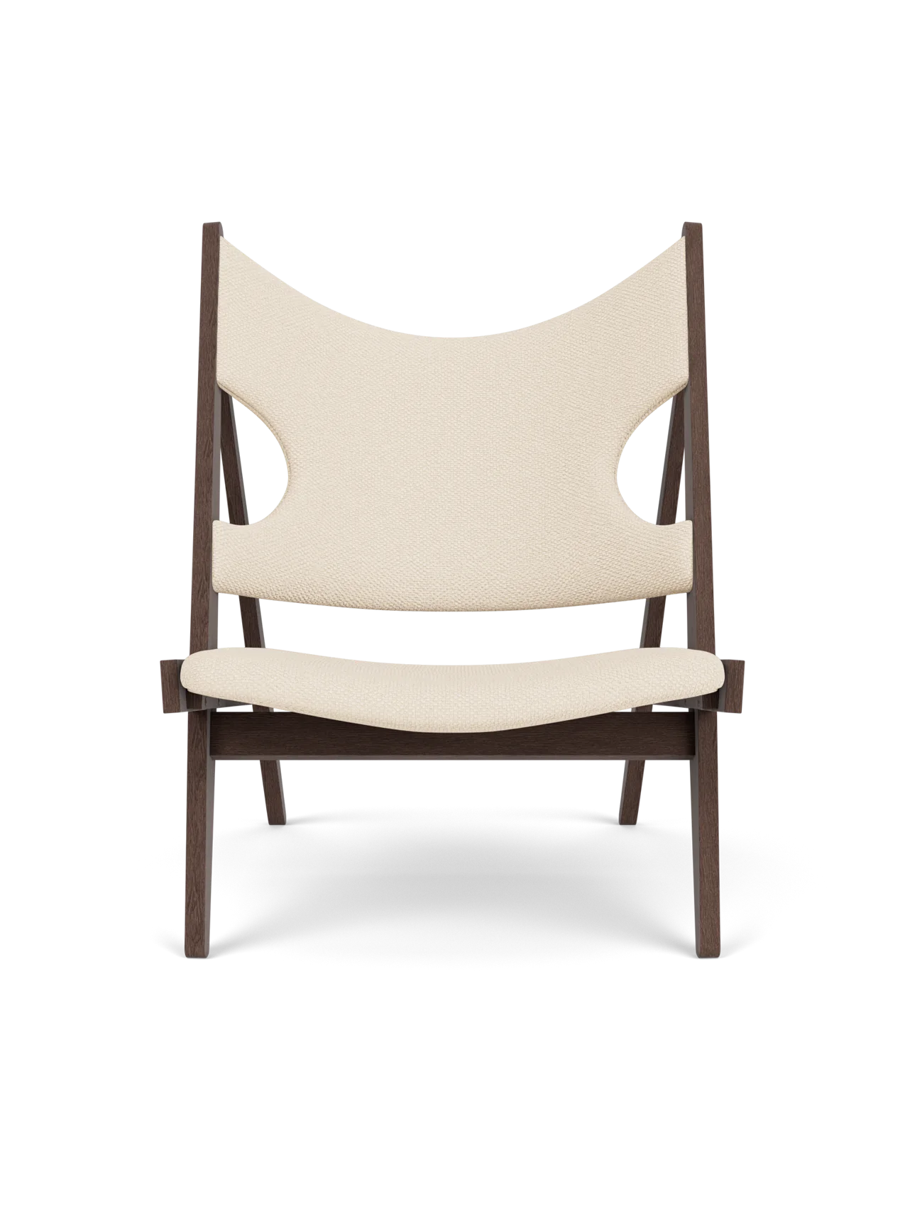 Front view of the Knitting Lounge Chair, with a dark stained oak frame upholstered in a light jasmine textile.