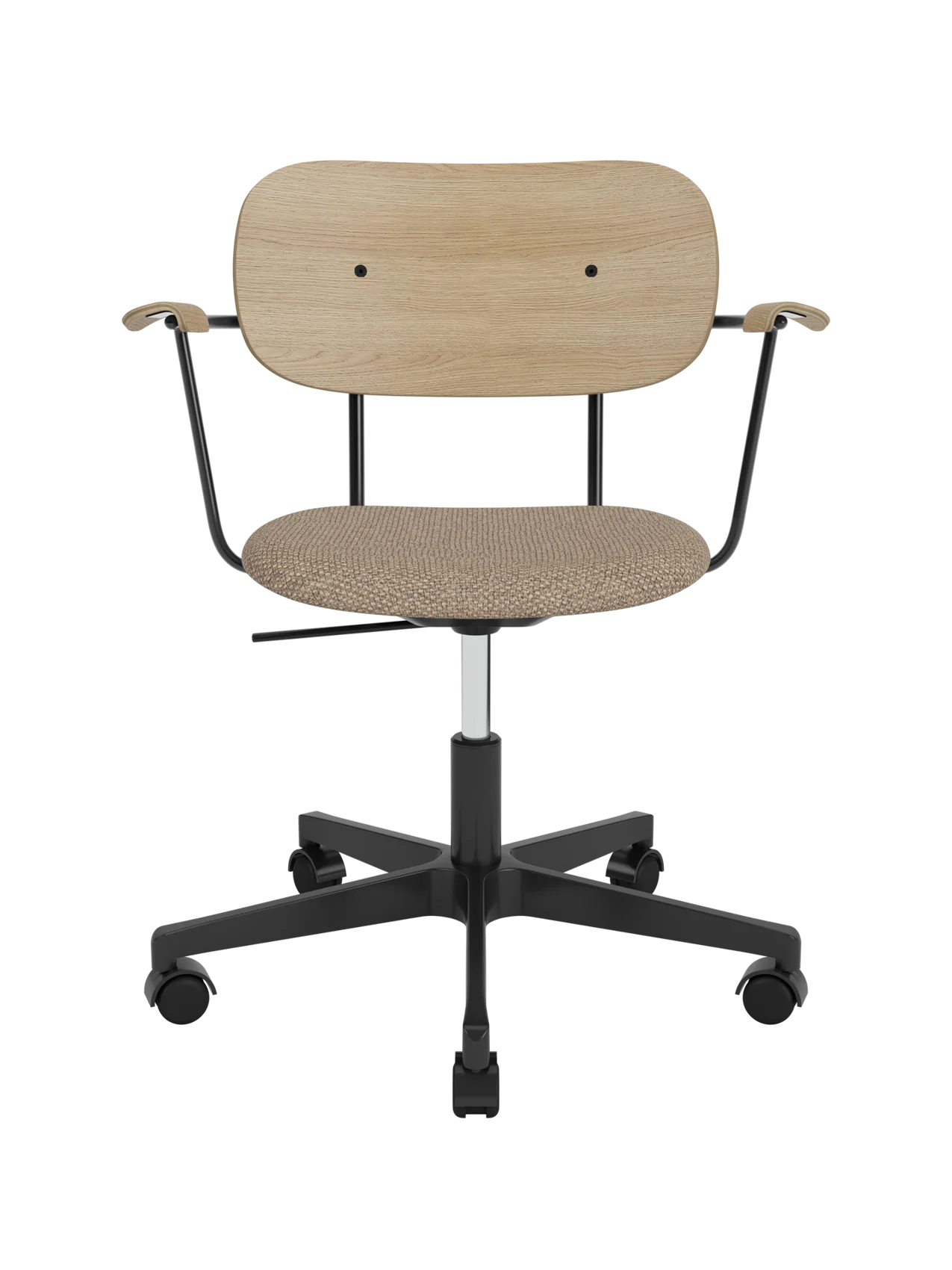 Co Task Chair with natural oak back and armrests, Logan Flint upholstered seat and black five-star base with castors.
