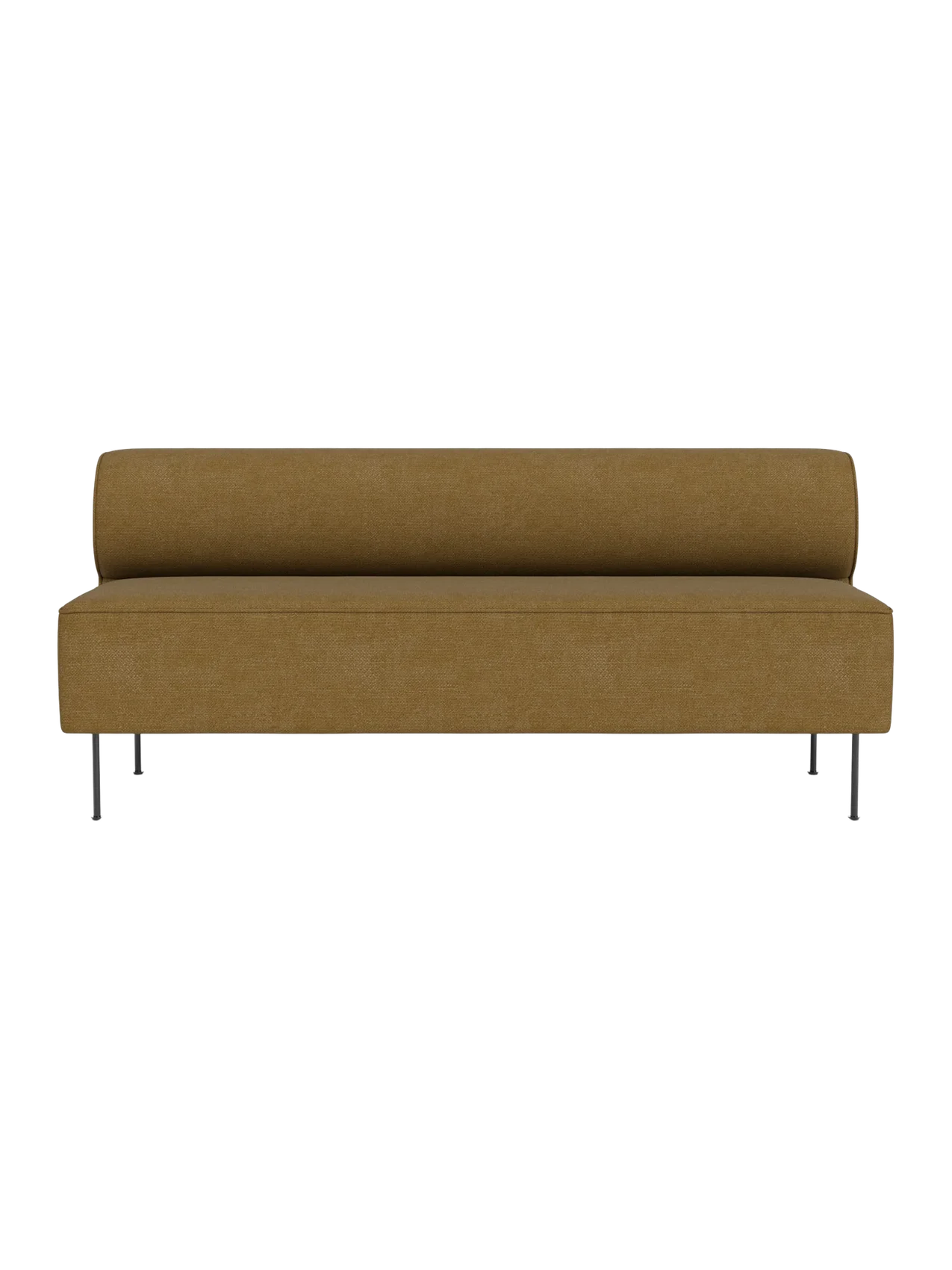 Front view of the Eave Dining Sofa in a mustard-coloured fabric, featuring a long seat, low back, and slender metal legs.