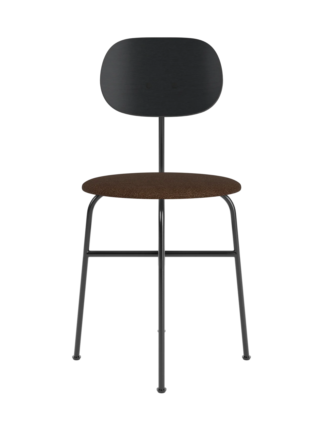 Afteroom Dining Chair Plus with black painted oak backrest, brown bouclé upholstered seat and black steel frame.