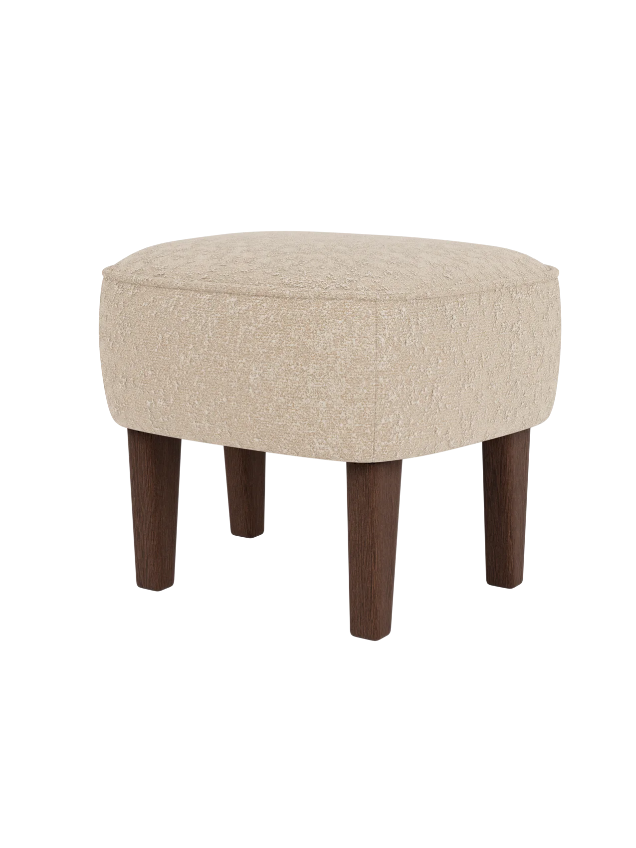 The Ingeborg Ottoman, shown from a three-quarter angle, with a textured light beige cushion and four tapered dark oak legs.