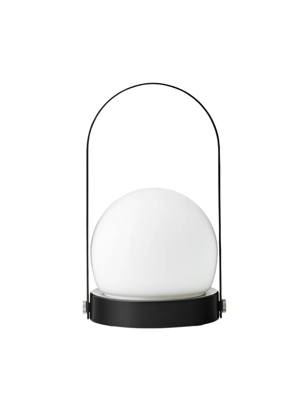 The black Carrie Portable Table Lamp shown from the front, with a basket-like base, a white glass orb, and a slender handle.