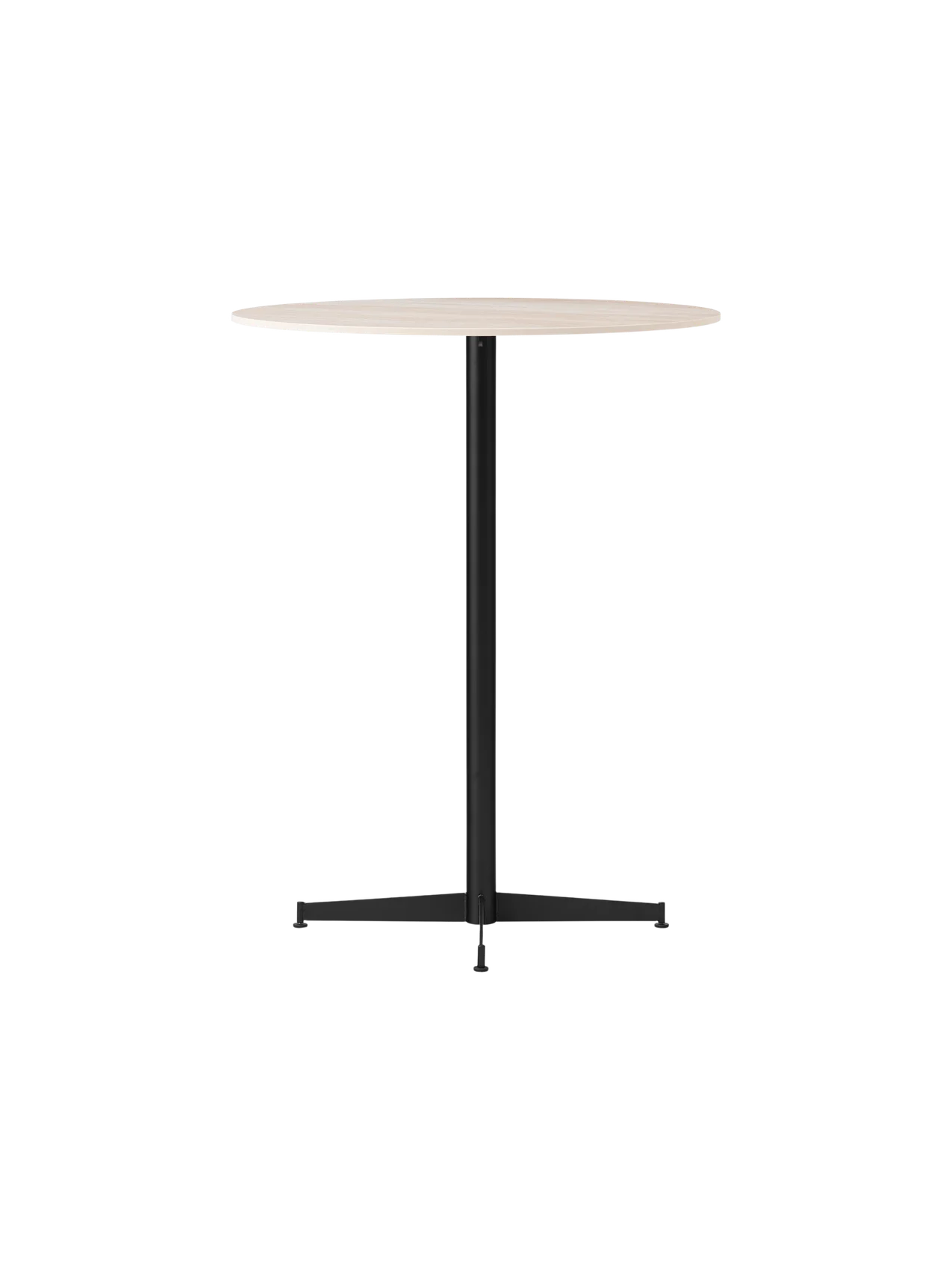 Angled view of the Nook Bar Table, with a round, light-coloured tabletop and a black powder-coated steel pedestal base.