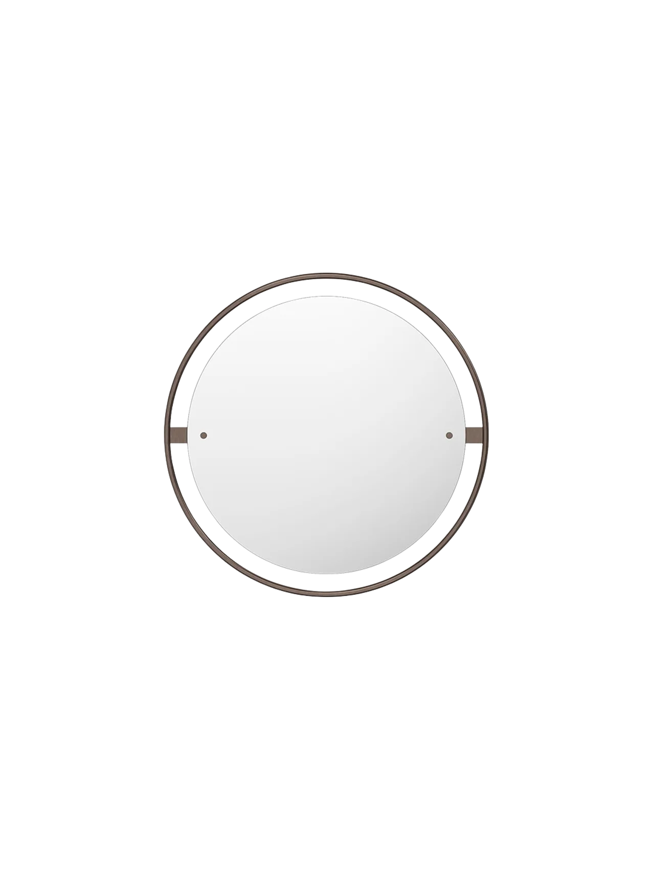 A front view of the Nimbus Mirror 60. The circular mirror features a delicate, bronzed brass frame and a matching outer halo.