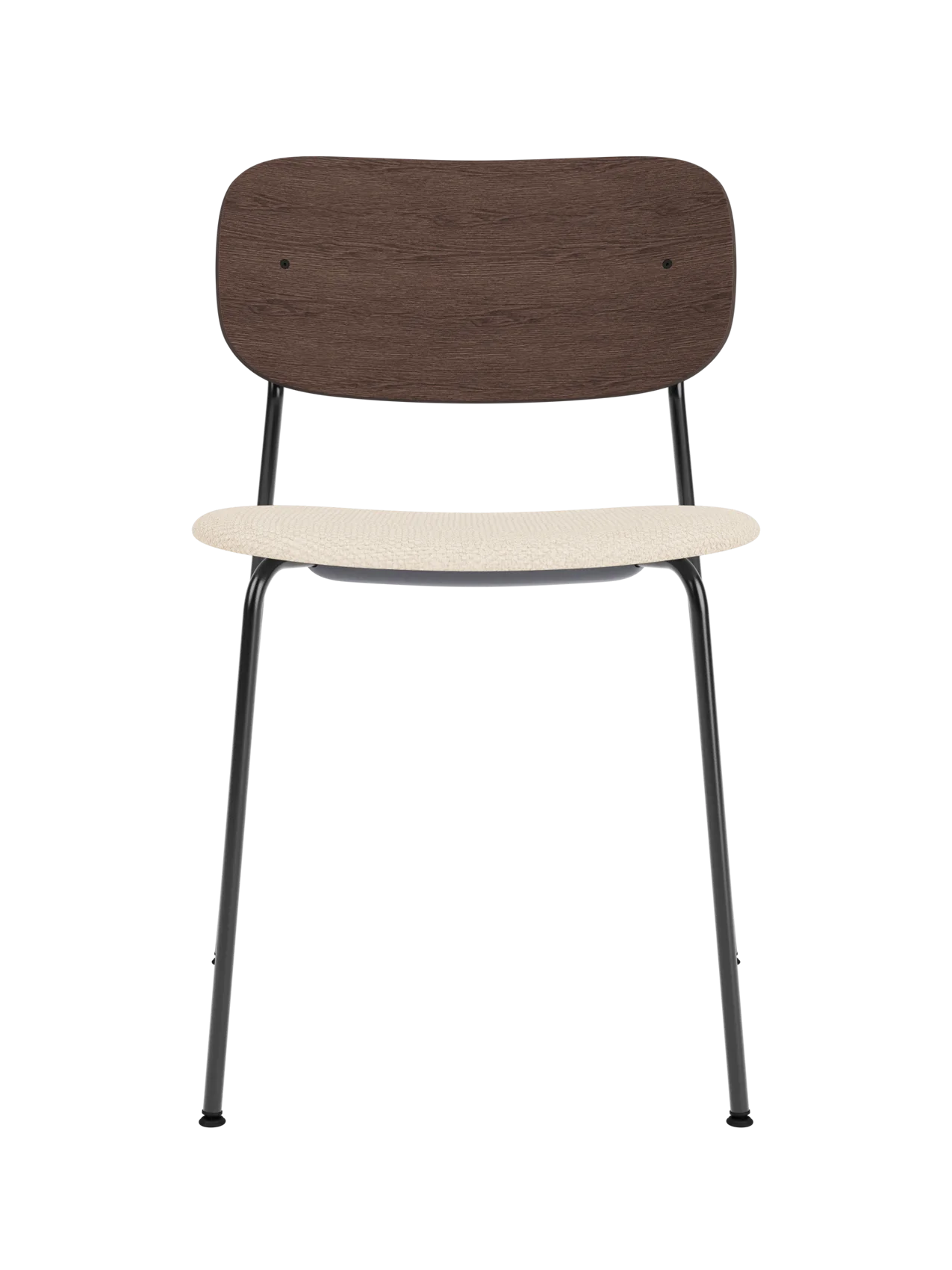 Co Dining Chair featuring a dark stained oak backrest and Logan Jasmin upholstered seat on a slim black metal frame.