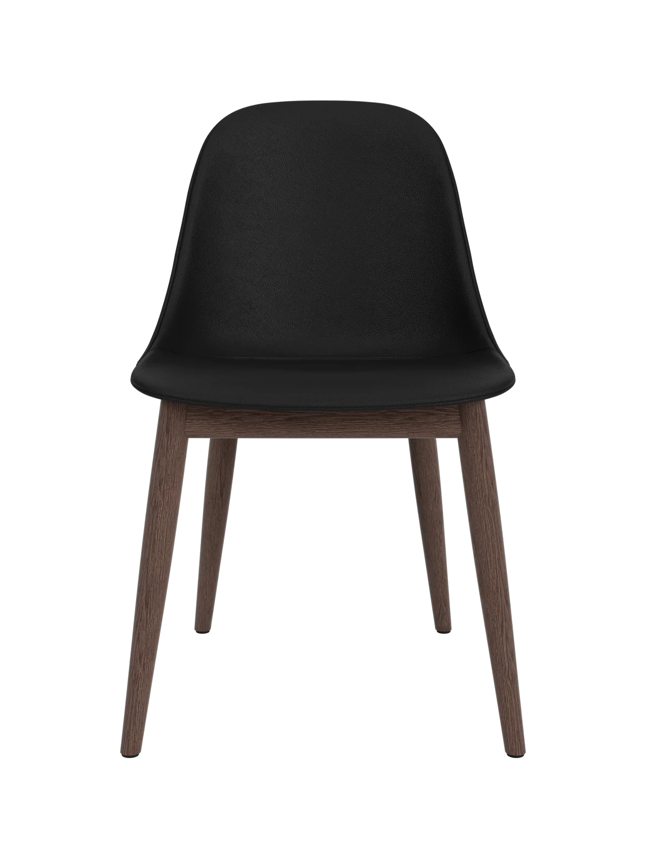Harbour Side Dining Chair featuring a black Sierra leather shell and a dark stained oak wooden base.