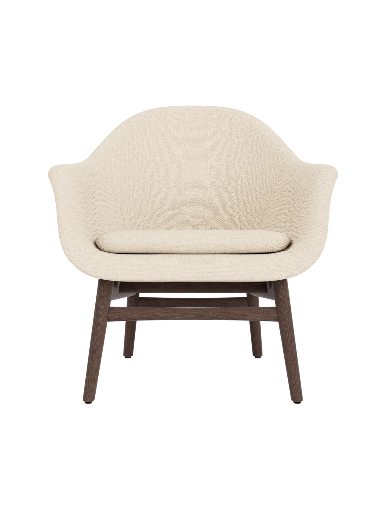 Harbour Lounge Chair in light Logan Jasmine fabric with a curved shell and sculptural dark stained oak frame.