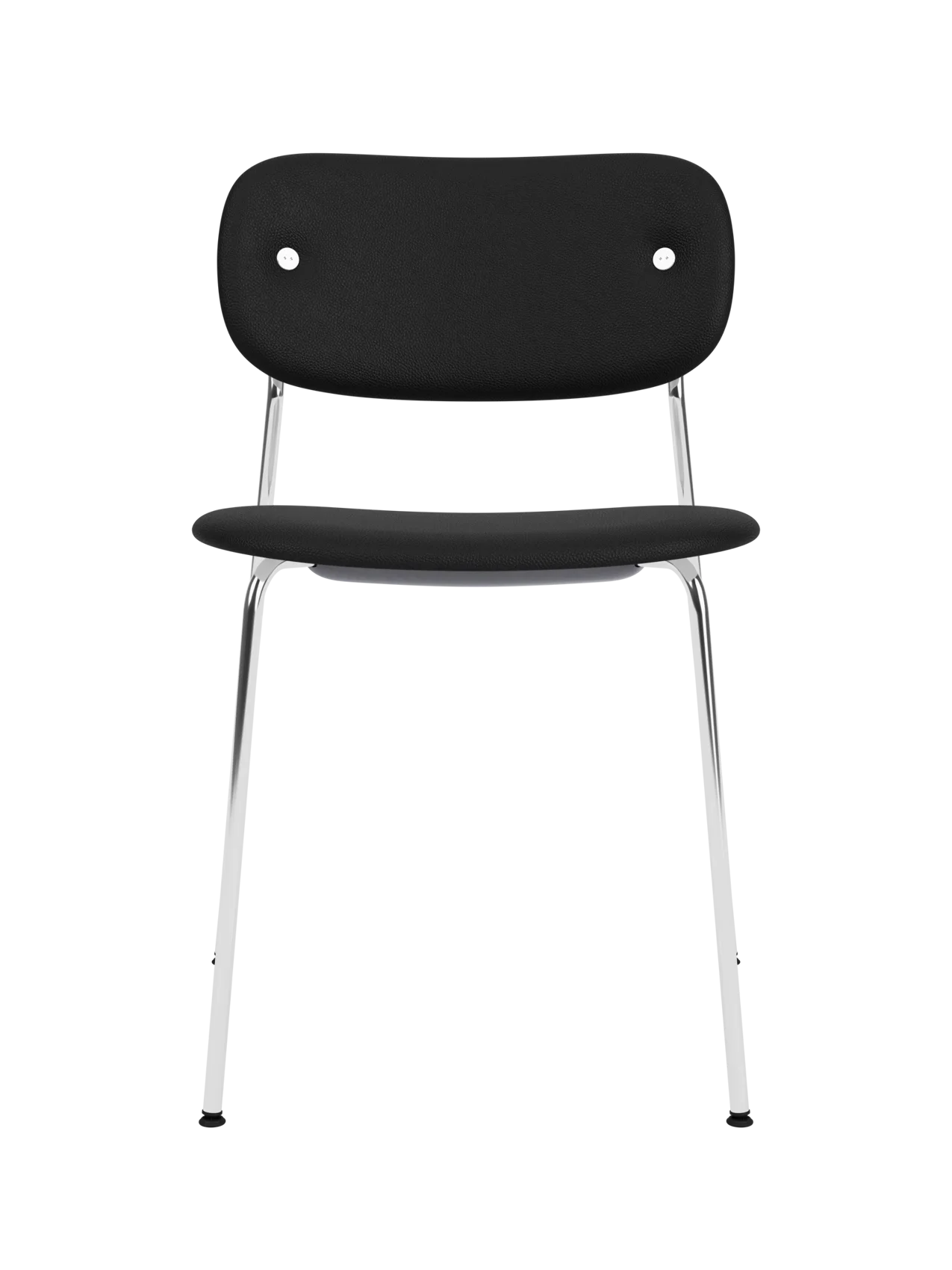 Fully upholstered Co Dining Chair with black Sierra leather seat and backrest on a slender chrome base.