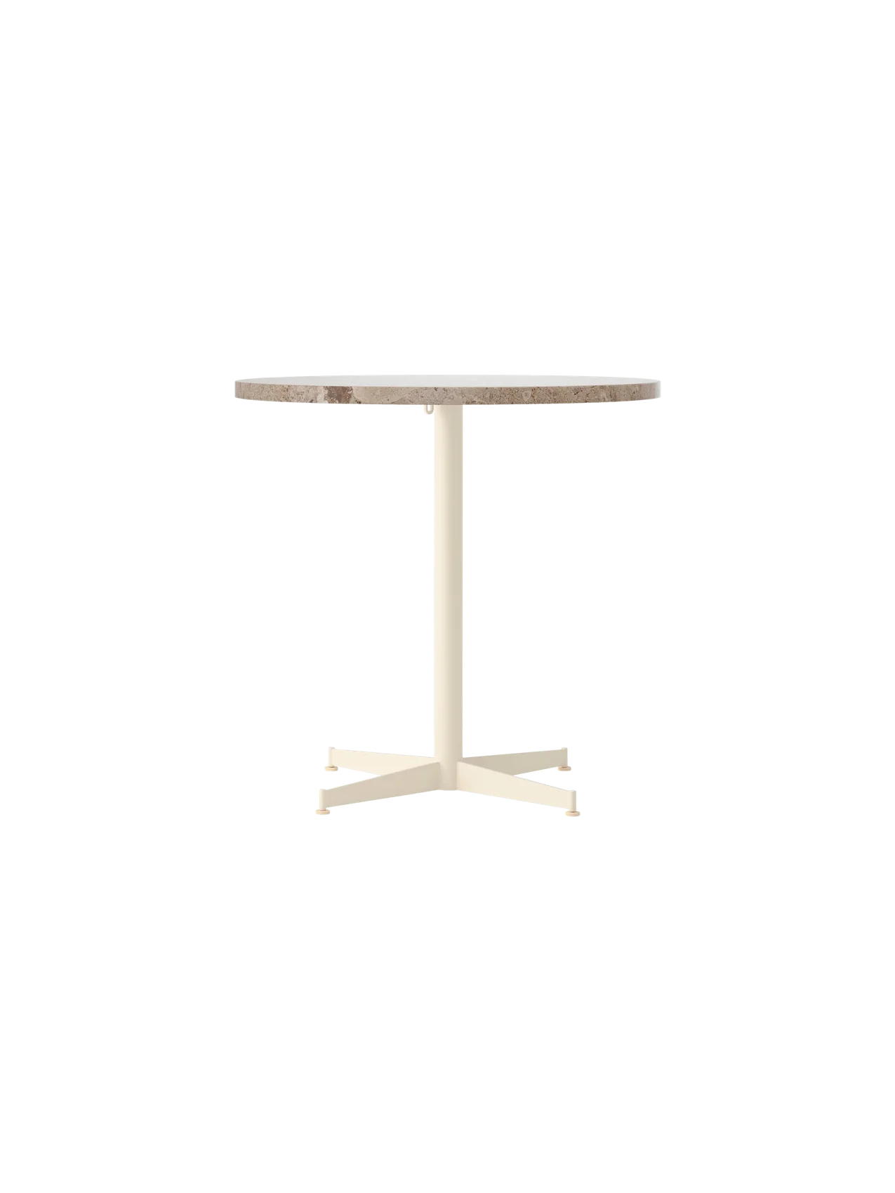 Front view of the Nook Dining Table with a round Kunis Breccia stone top and an ivory powder-coated steel four-star base.