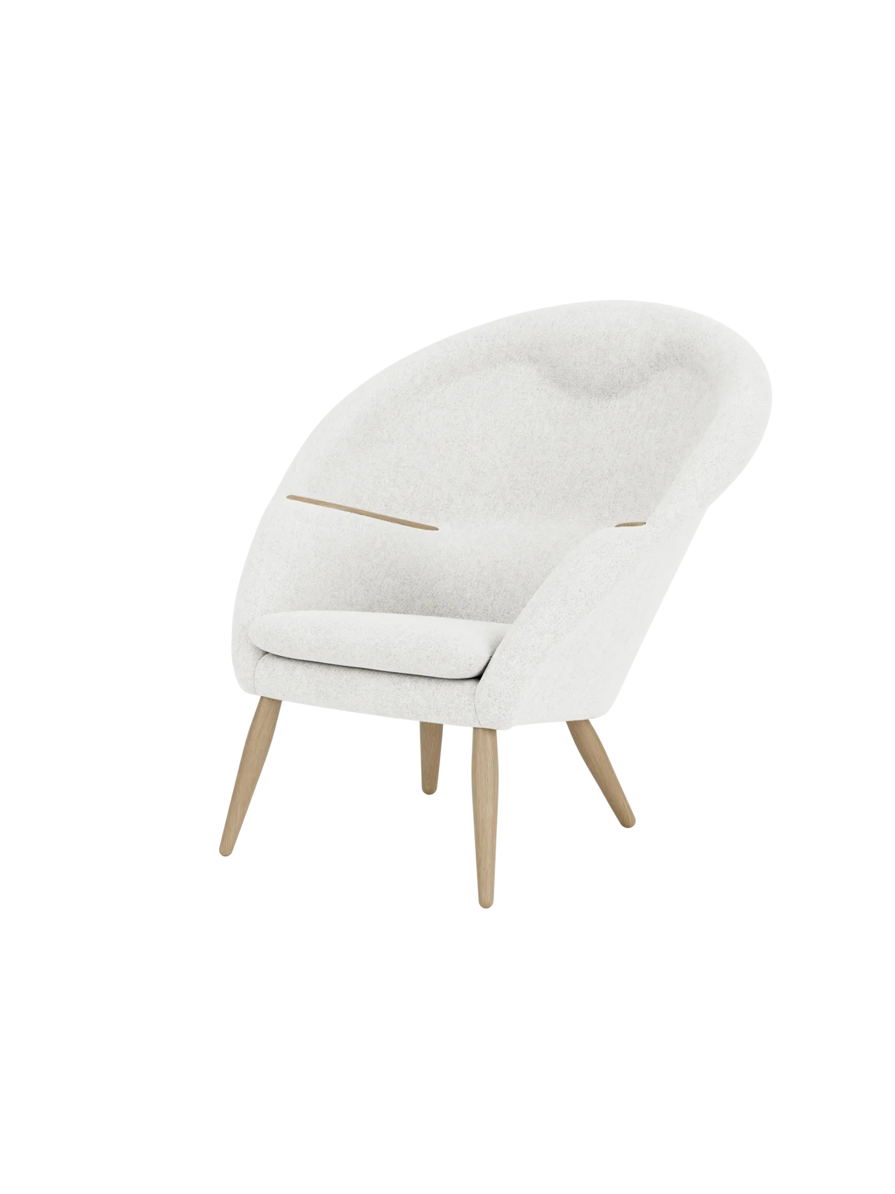Three-quarter view of the Oda Lounge Chair in light grey Hallingdal 110 fabric with natural oak legs and armrests.
