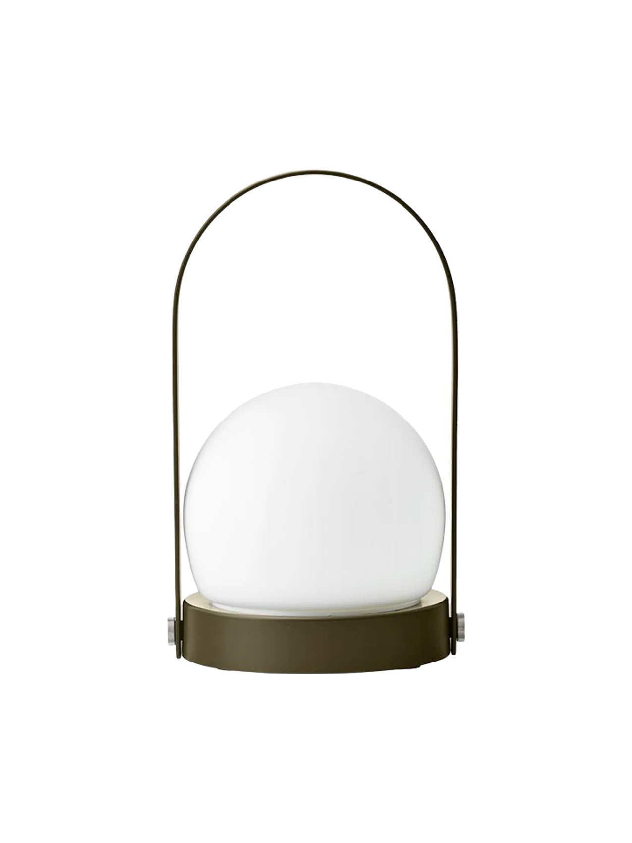 A back view of the Carrie Portable Table Lamp in olive, with its round olive base, white glass orb and thin handle.