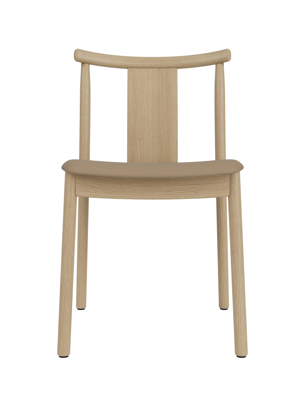 Merkur Dining Chair in natural oak with a tan Sierra leather seat, featuring a minimalist solid wood frame.