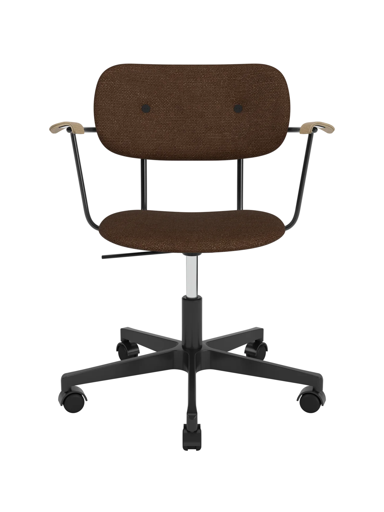 Fully upholstered Co Task Chair in brown bouclé with natural oak armrests and a black five-star swivel base.