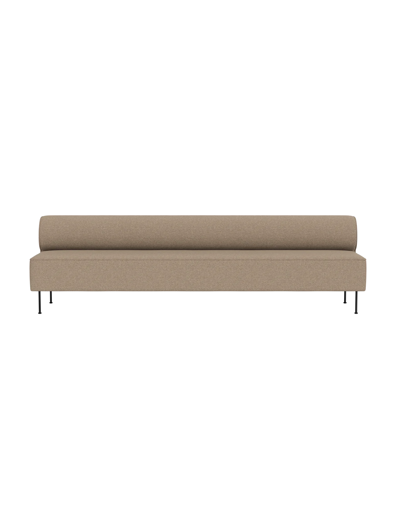 Front view of Eave Dining Sofa in Logan Flint. A long, minimalist beige sofa with slender black legs on a black background.