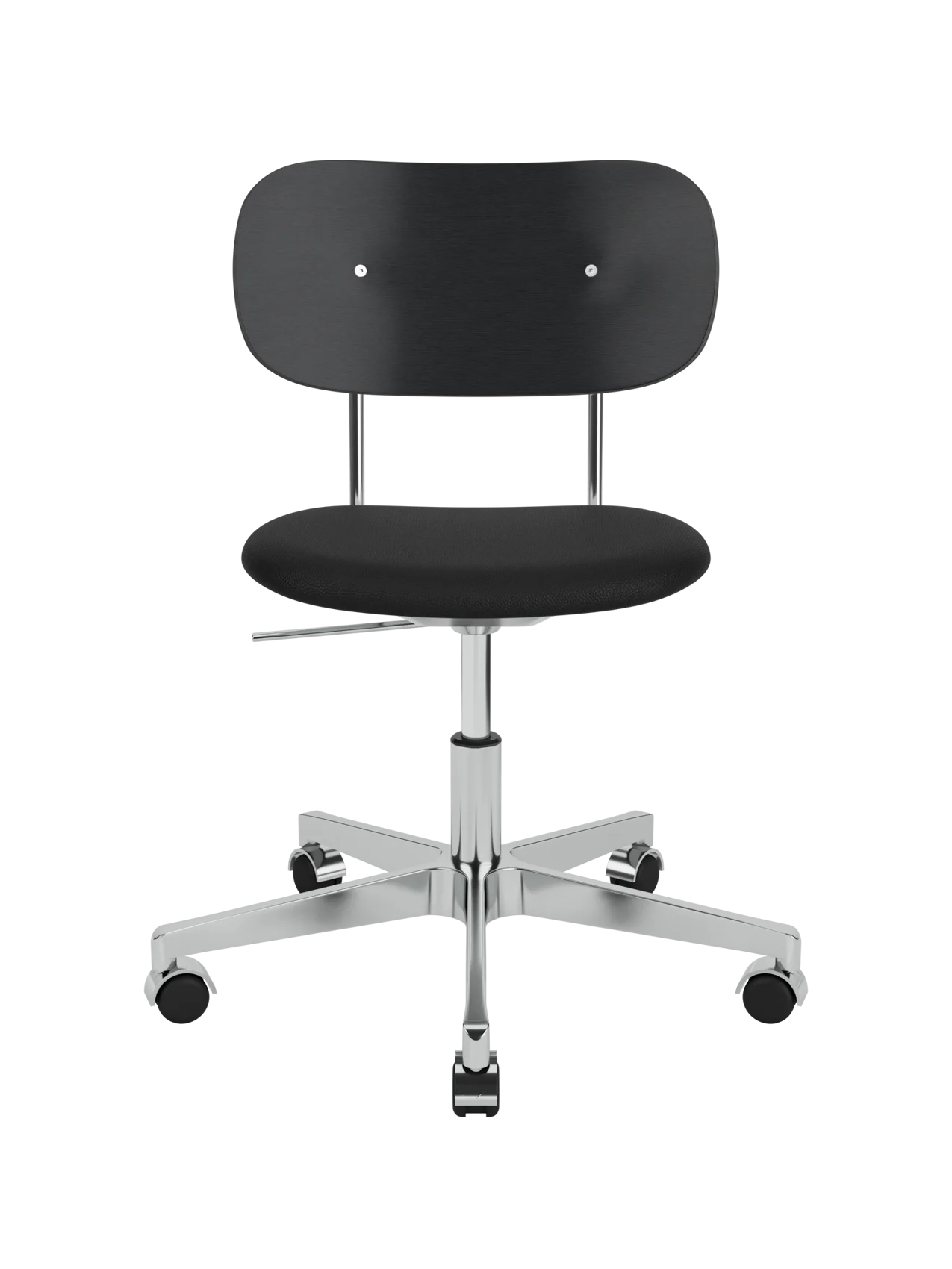 Co Task Chair with black stained oak back, black upholstered seat and polished aluminium swivel base with castors.