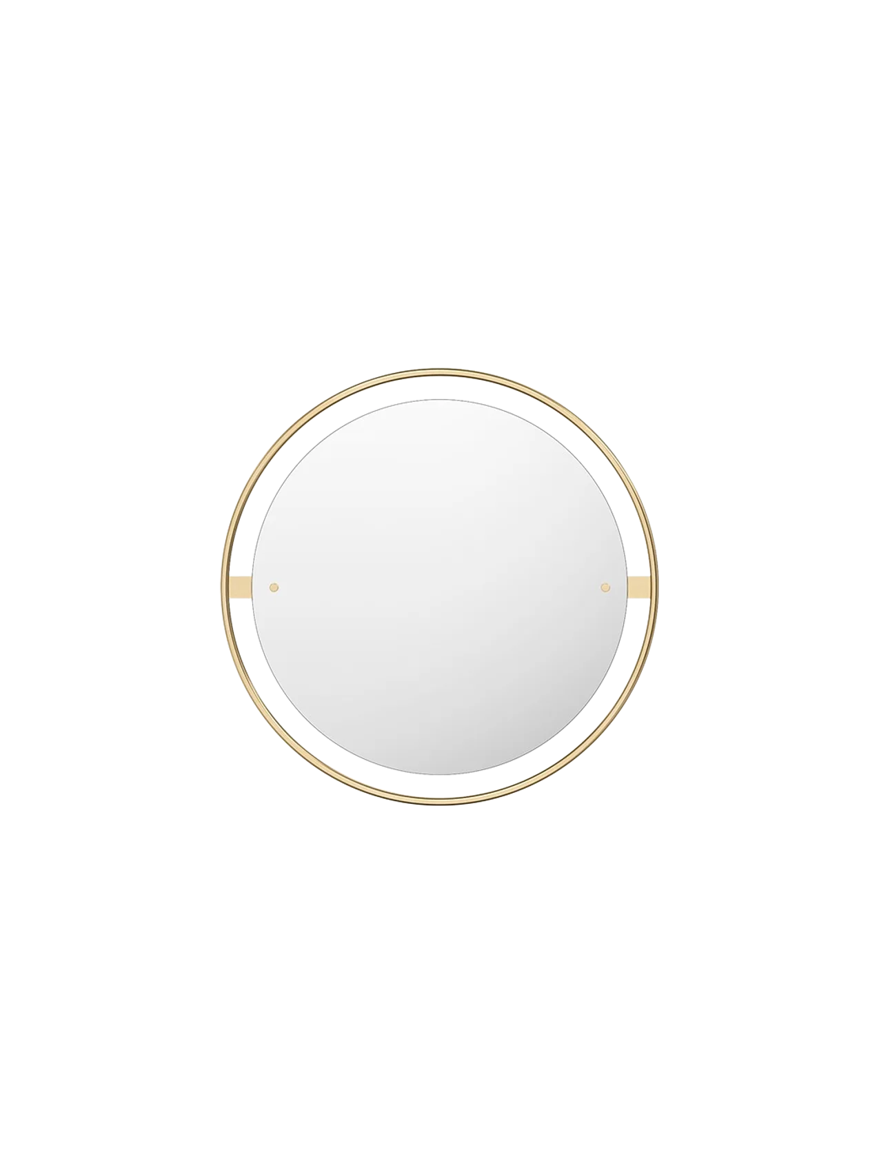 Front view of the Nimbus Mirror 60. The round mirror is set within a black ring, surrounded by a larger polished brass frame.
