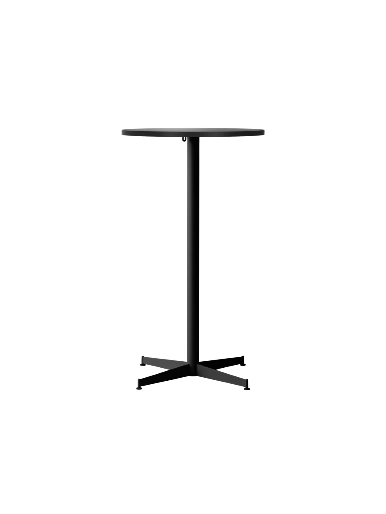 The Nook Bar Table shown from the front, with a round charcoal linoleum top and a black powder-coated steel four-legged base.