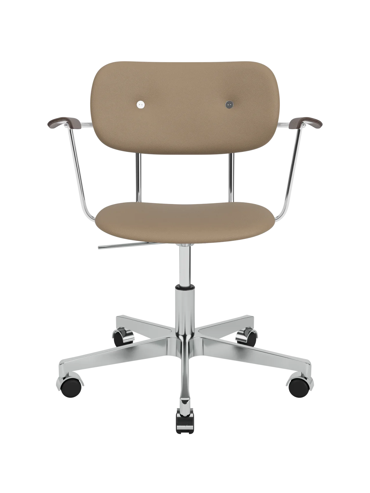 Co Task Chair in Sierra 1611 leather with dark stained oak armrests and a height-adjustable chrome swivel base.