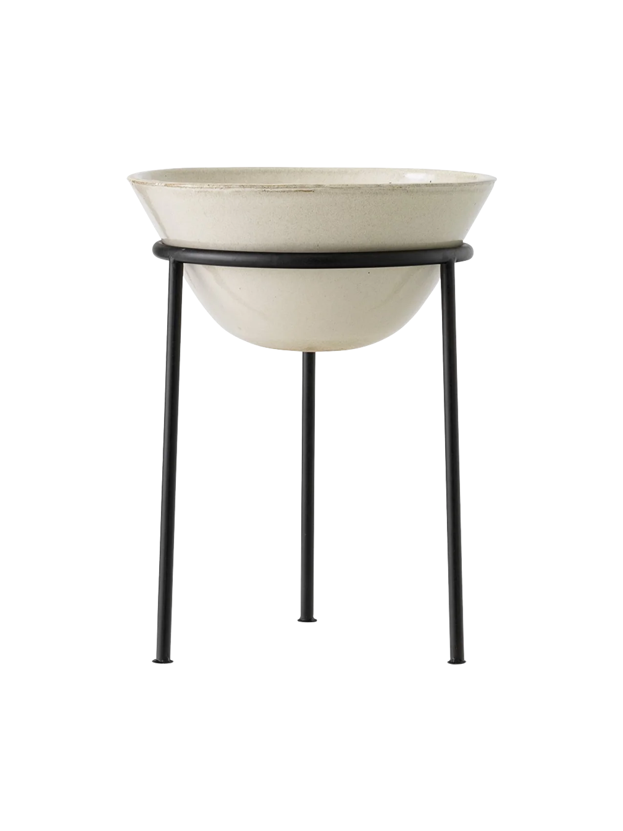 Front view of the Daiza Planter, featuring a rustic off-white ceramic bowl resting on a slender, black metal tripod stand.