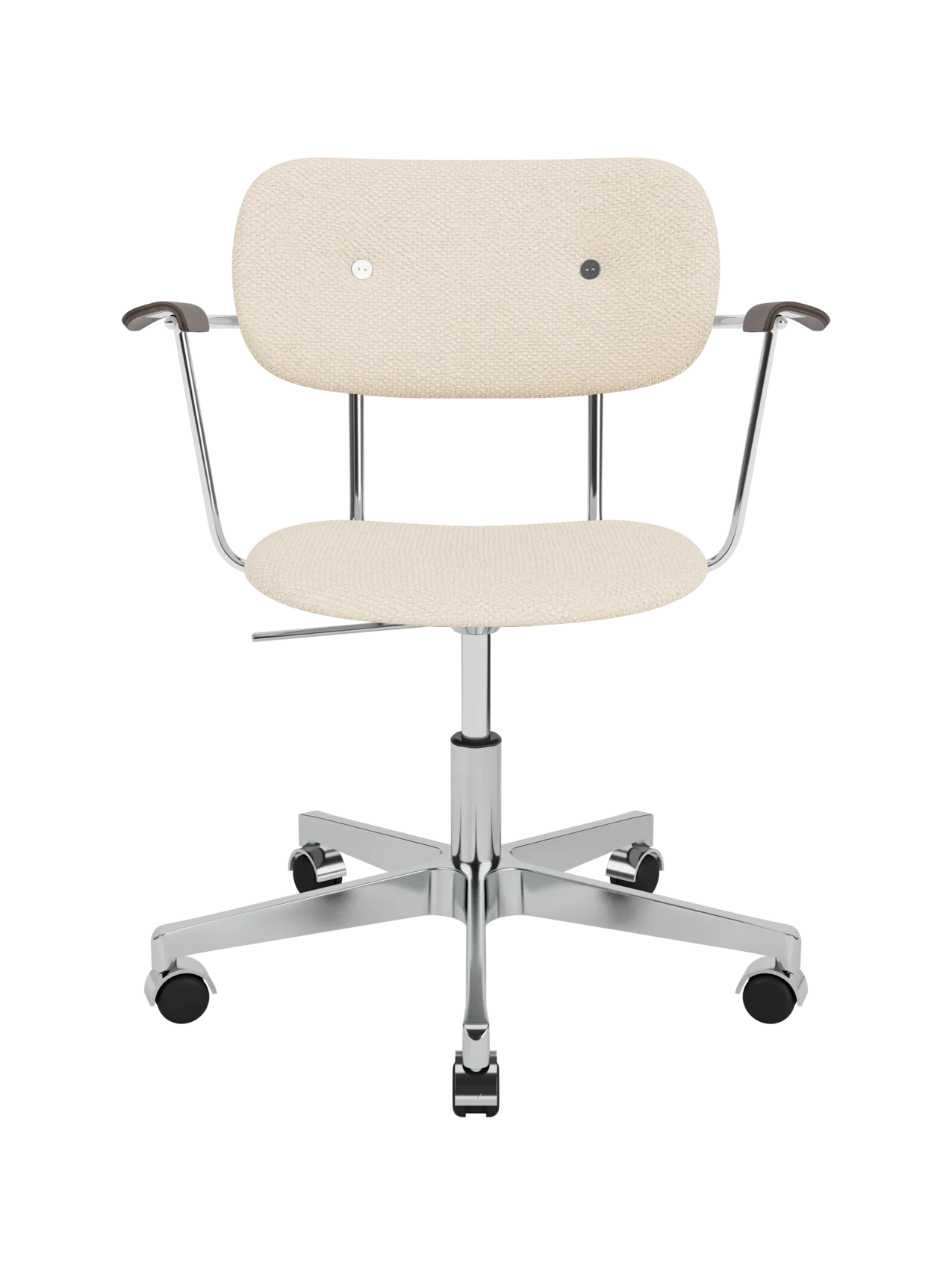 Logan Jasmine upholstered Co Task Chair with dark stained oak armrests and a chrome swivel base with casters.