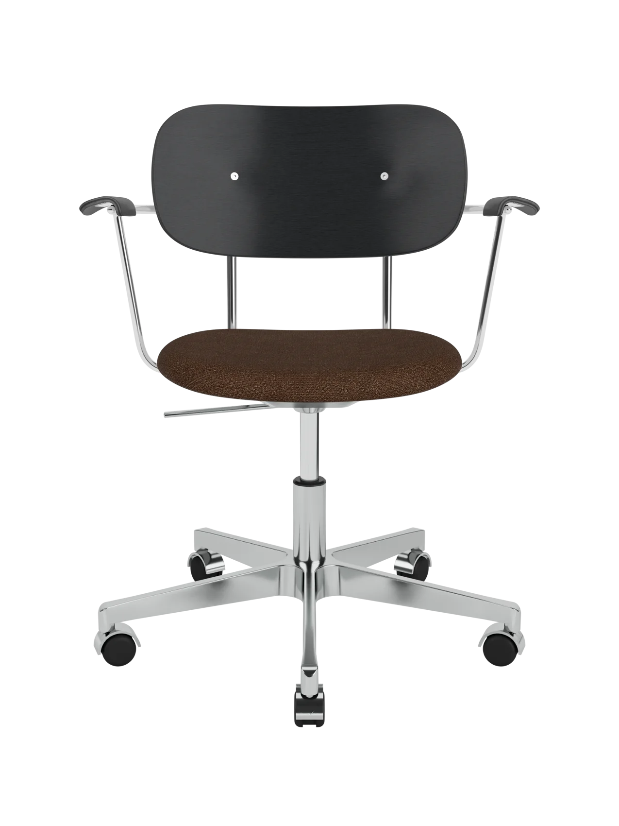 Co Task Chair with black oak backrest, armrests, brown bouclé seat and a polished chrome aluminium swivel base.