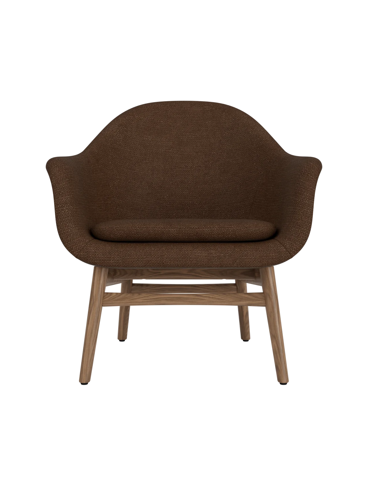 Harbour Lounge Chair in dark brown Audo Bouclé 07 upholstery with a minimalist solid walnut wood base.