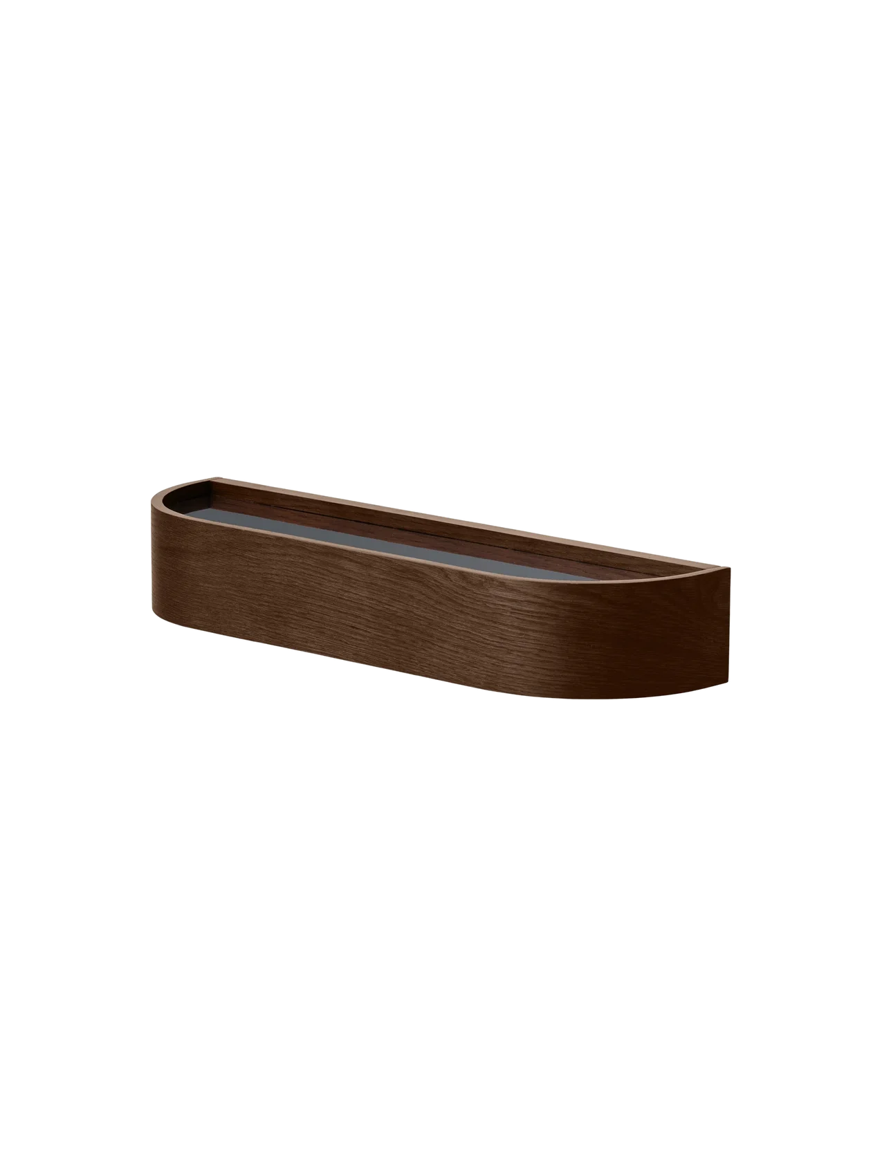 Dark stained oak Epoch Shelf featuring curved wood veneer and a floating design, viewed from a low angle.