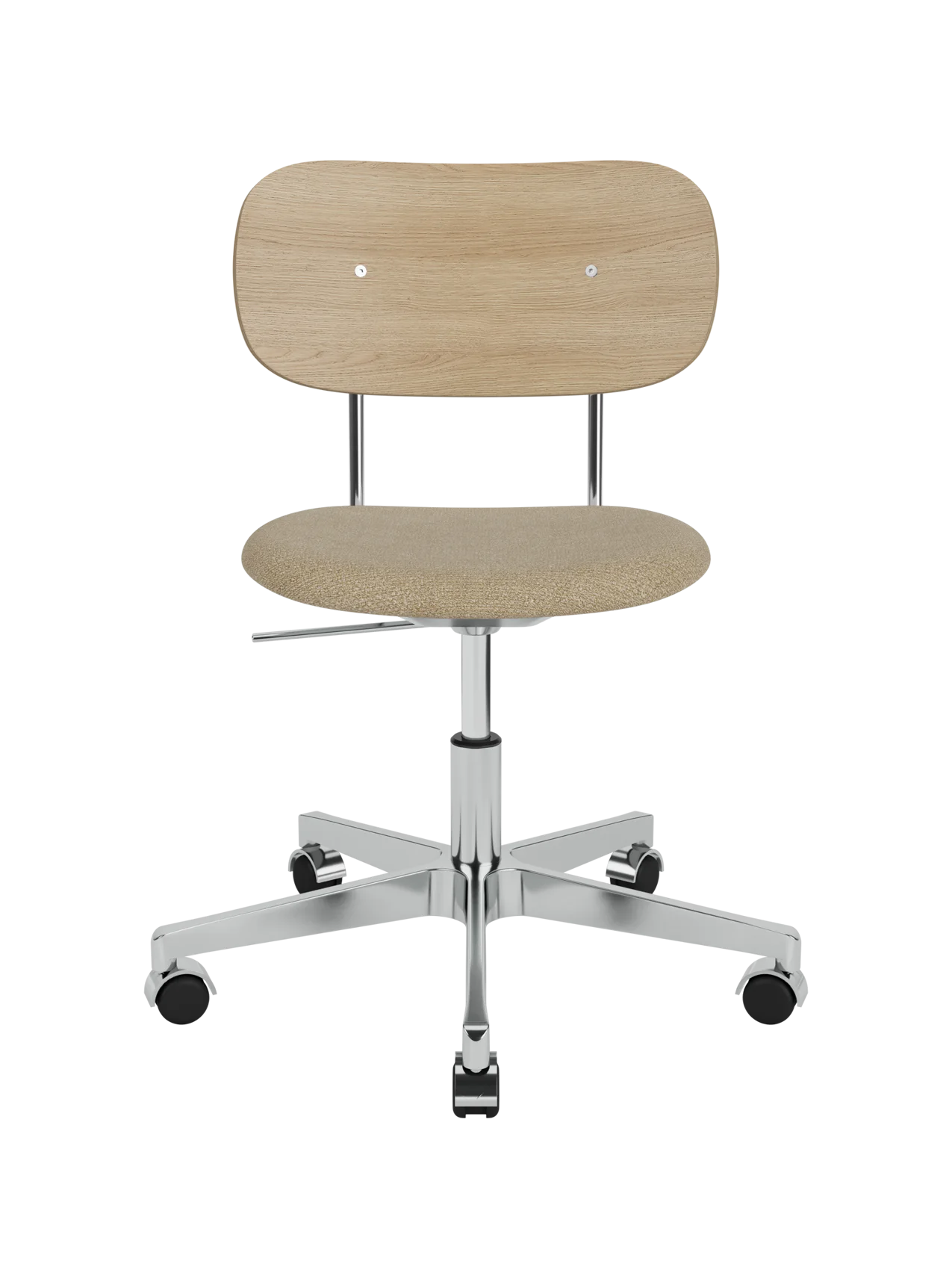 Co Task Chair featuring a natural oak backrest, Audo Bouclé 02 upholstered seat and polished aluminium swivel base.