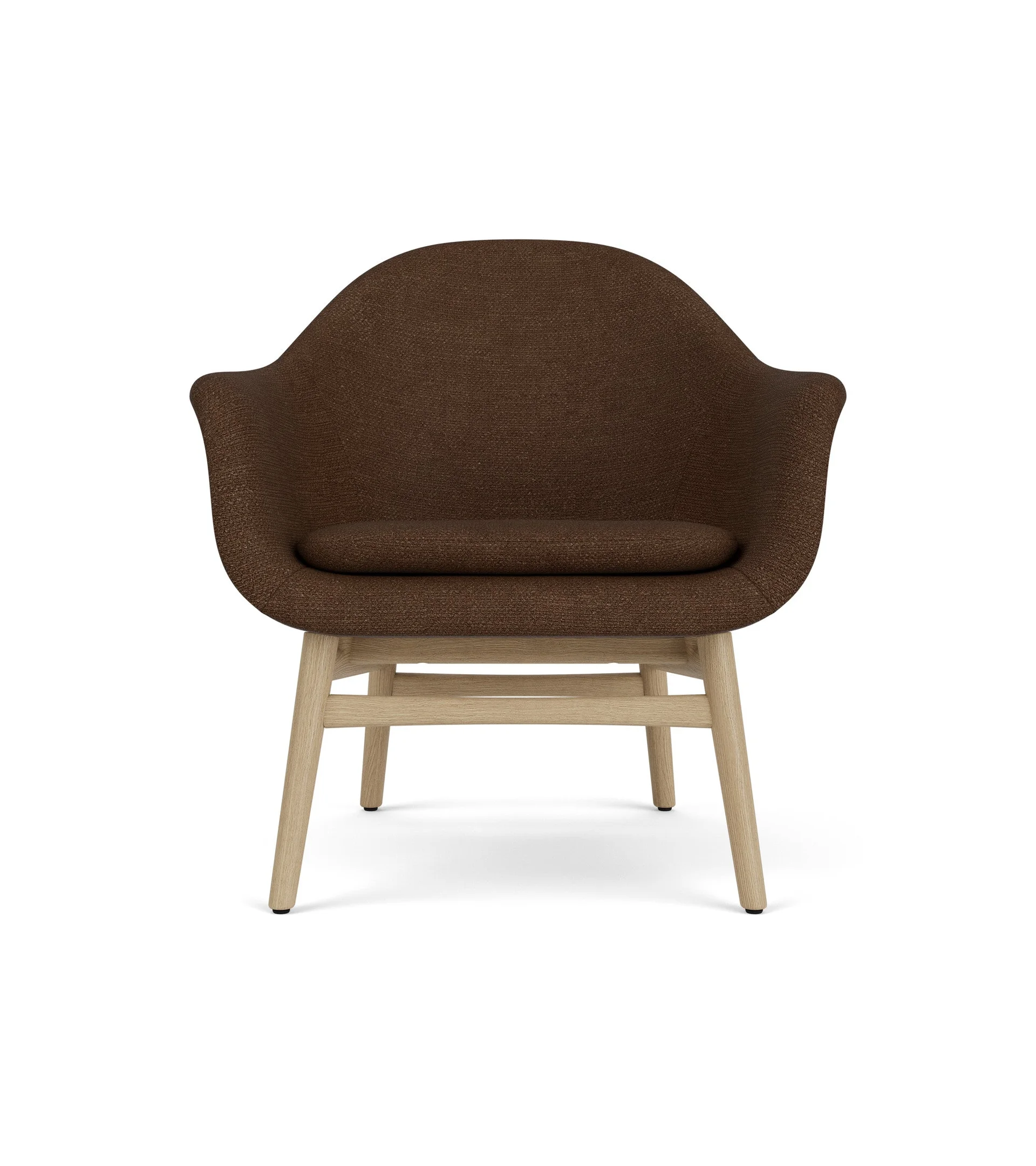 Sculptural Harbour Lounge Chair with dark brown boucl upholstery and a solid natural oak wood frame.