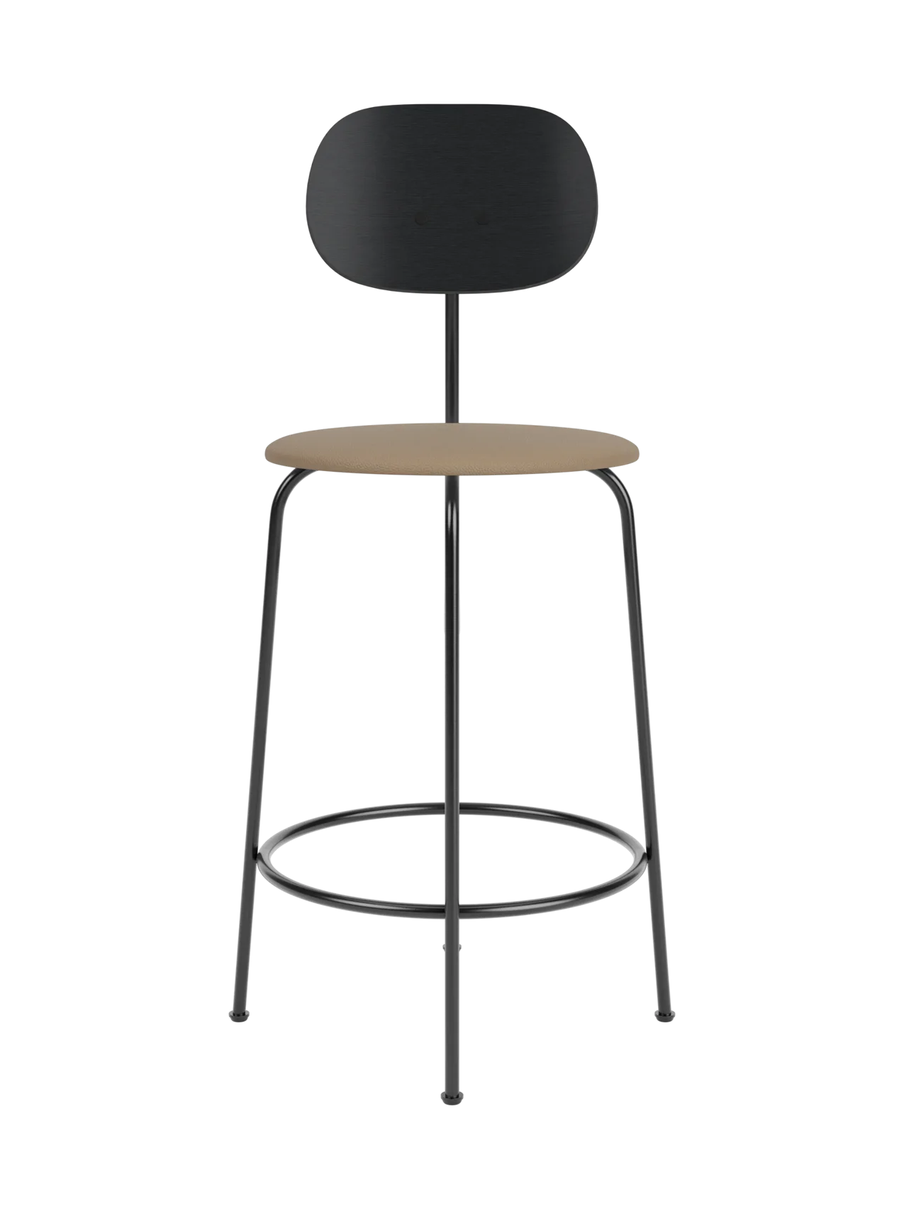 Afteroom Counter Chair Plus with black painted oak backrest and tan Sierra 1611 upholstered seat on a black metal frame.