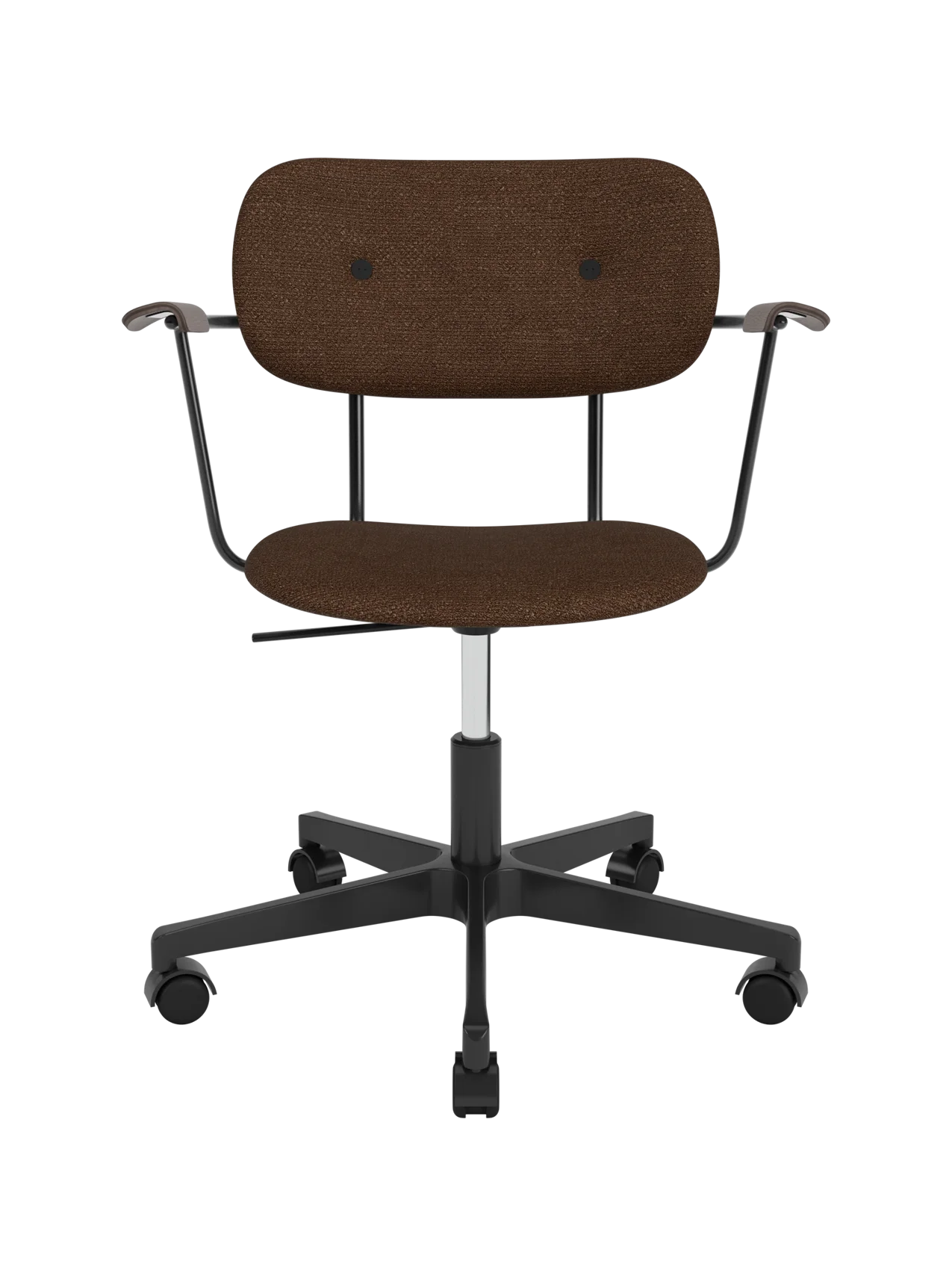 Brown Audo Bouclé 07 Co Task Chair featuring dark stained oak armrests and a black swivel base on wheels.