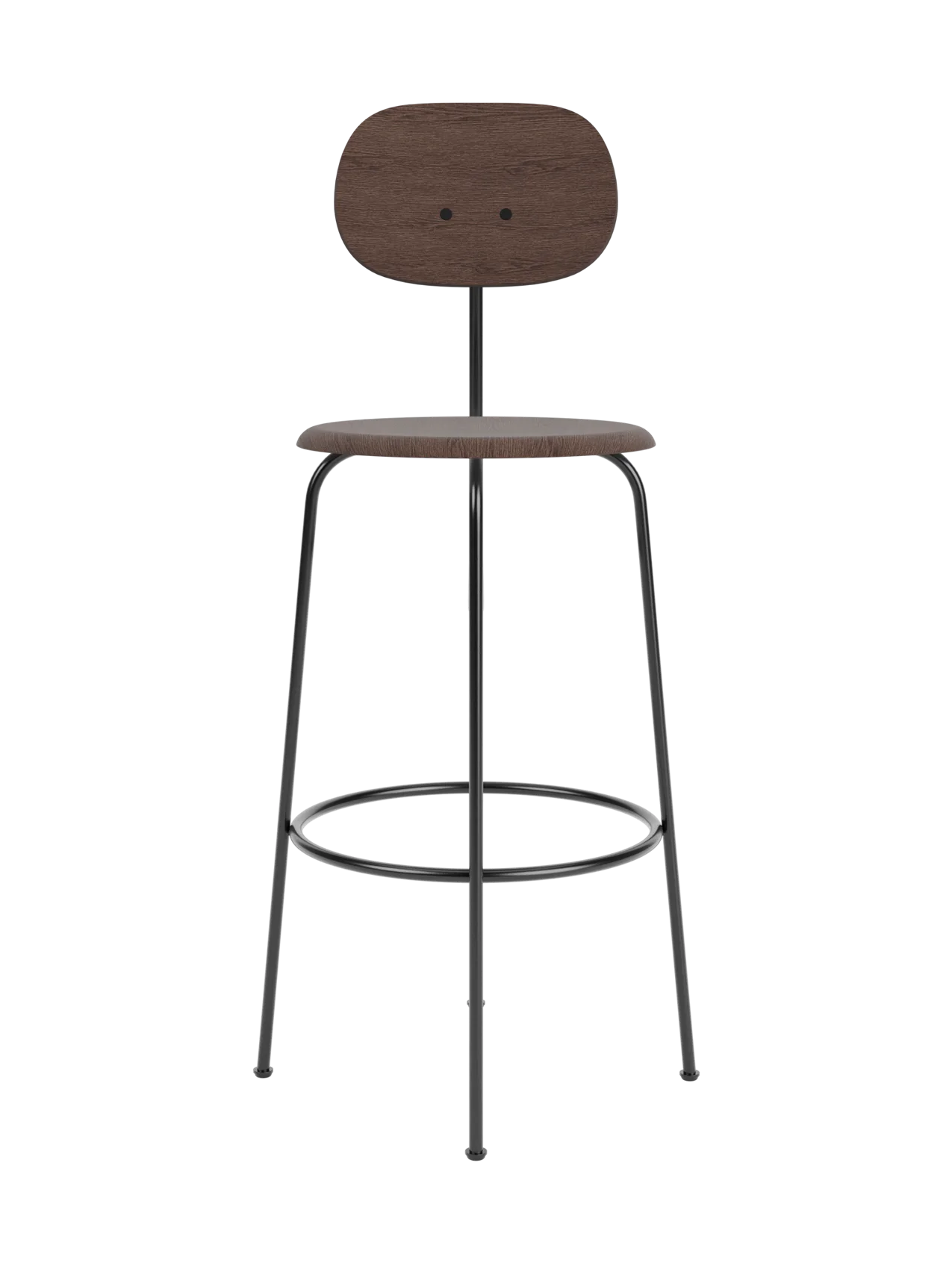 Front view of the Afteroom Bar Chair Plus, Veneer, with a dark stained oak seat and backrest on a slender black frame.