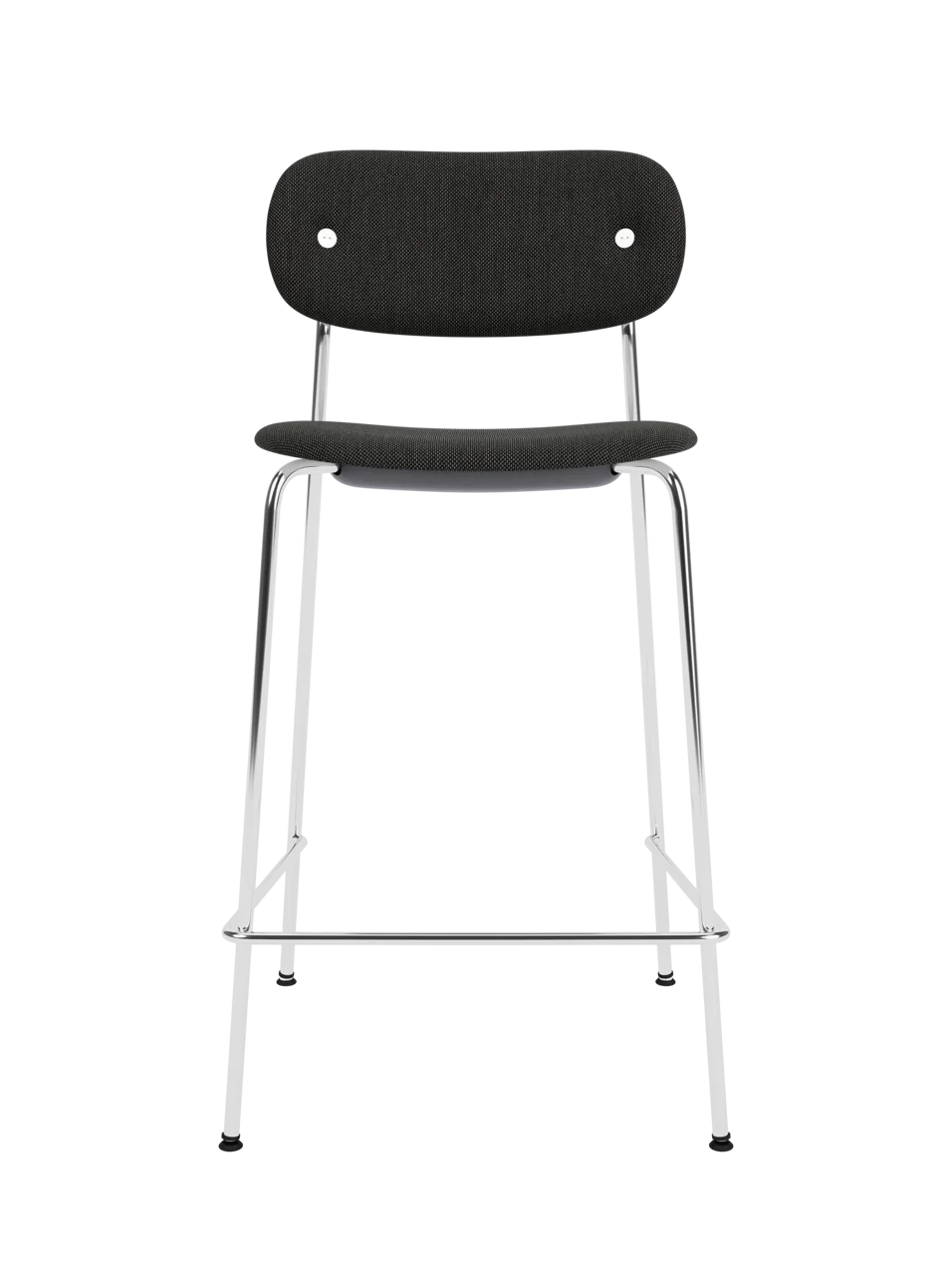 Co Counter Chair fully upholstered in dark re-wool fabric with a chrome tubular steel frame, shown from the front.