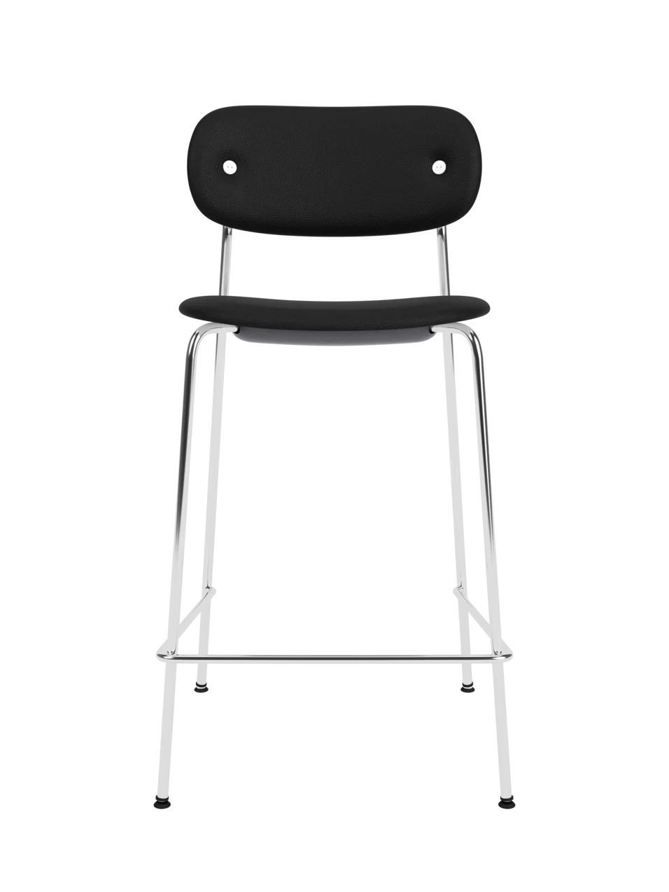 Co Counter Chair, Fully Upholstered in black leather with a chrome frame against a black background.