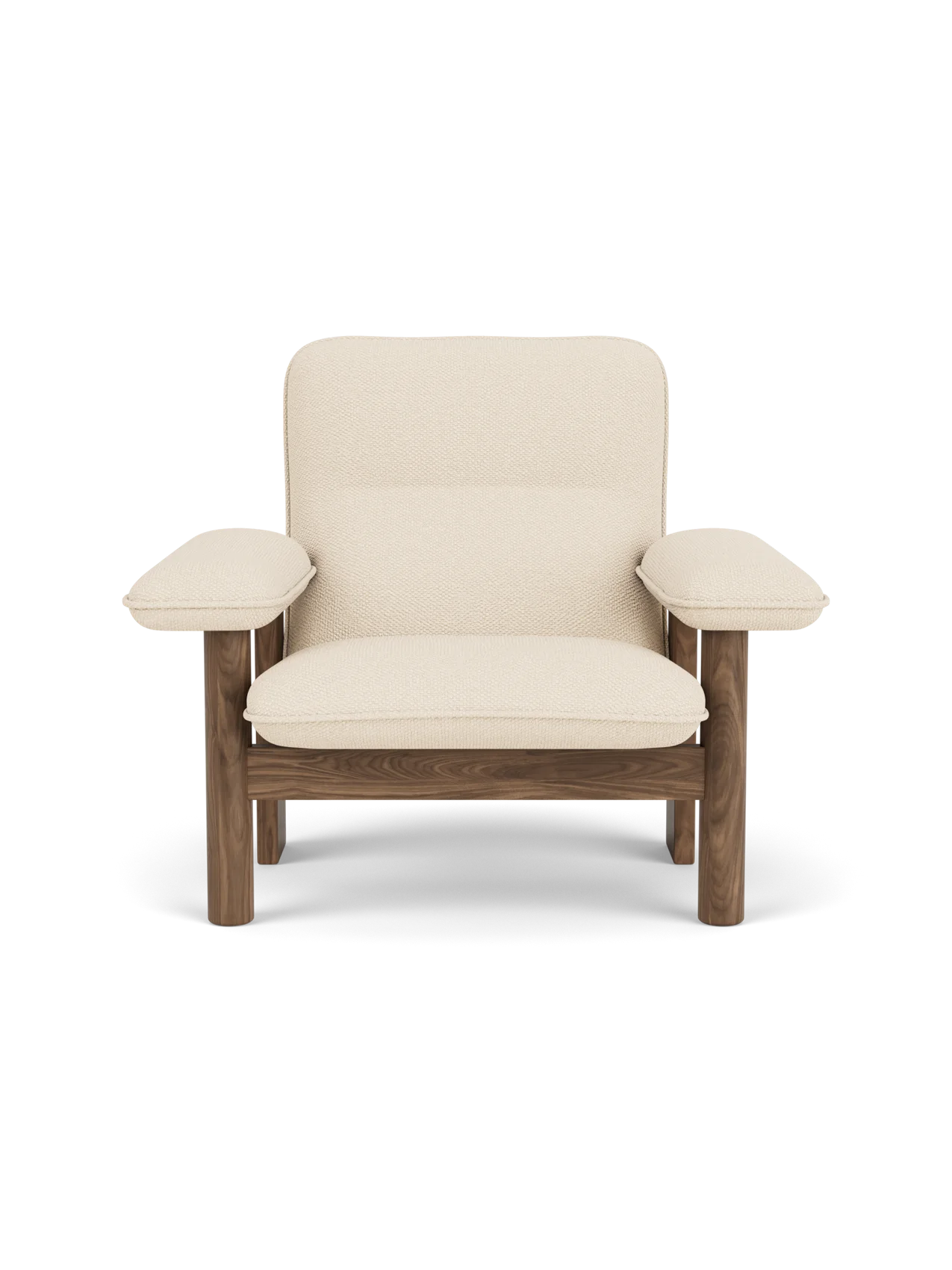 Front view of the Brasilia Lounge Chair with a solid walnut frame and cream Logan Jasmine fabric upholstery.
