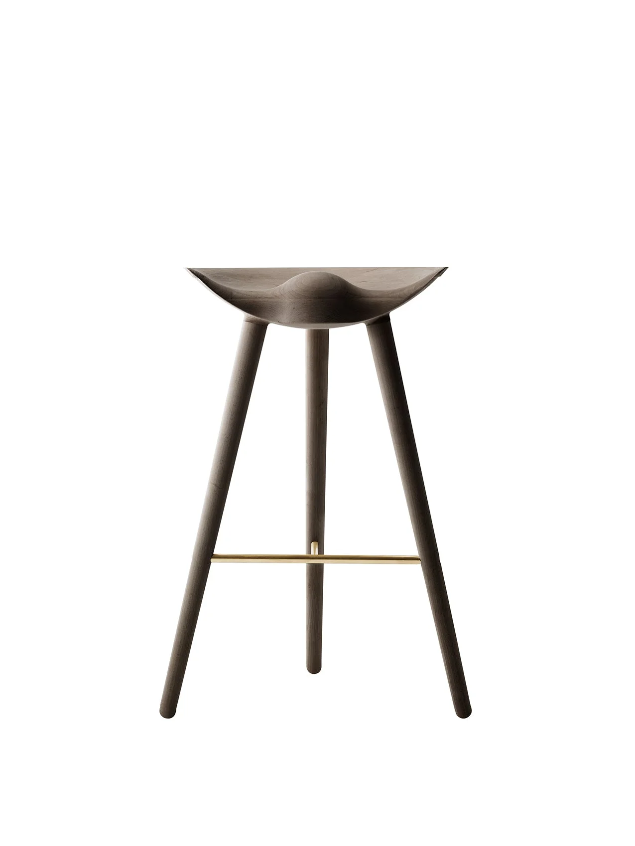 Front view of the ML 42 Counter Stool in dark smoked oak. The three-legged stool has a sculptural seat and a brass footrest.